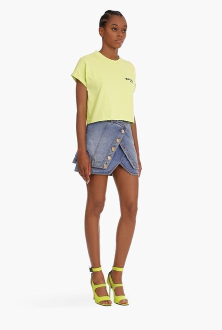 Cropped lime green cotton T-shirt with black flocked Balmain logo - 7