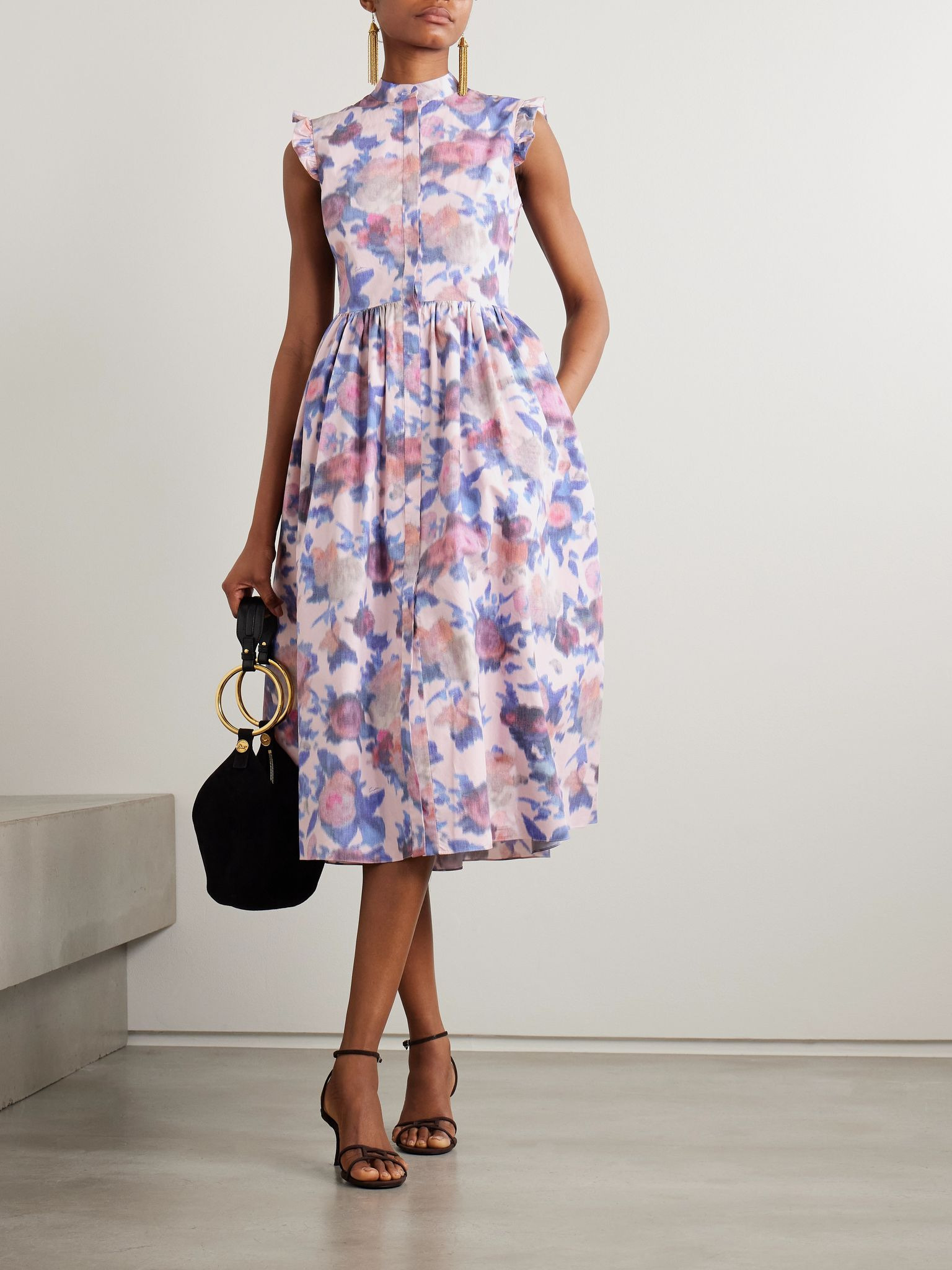Ruffled gathered floral-print cotton-poplin midi dress Pink - 2