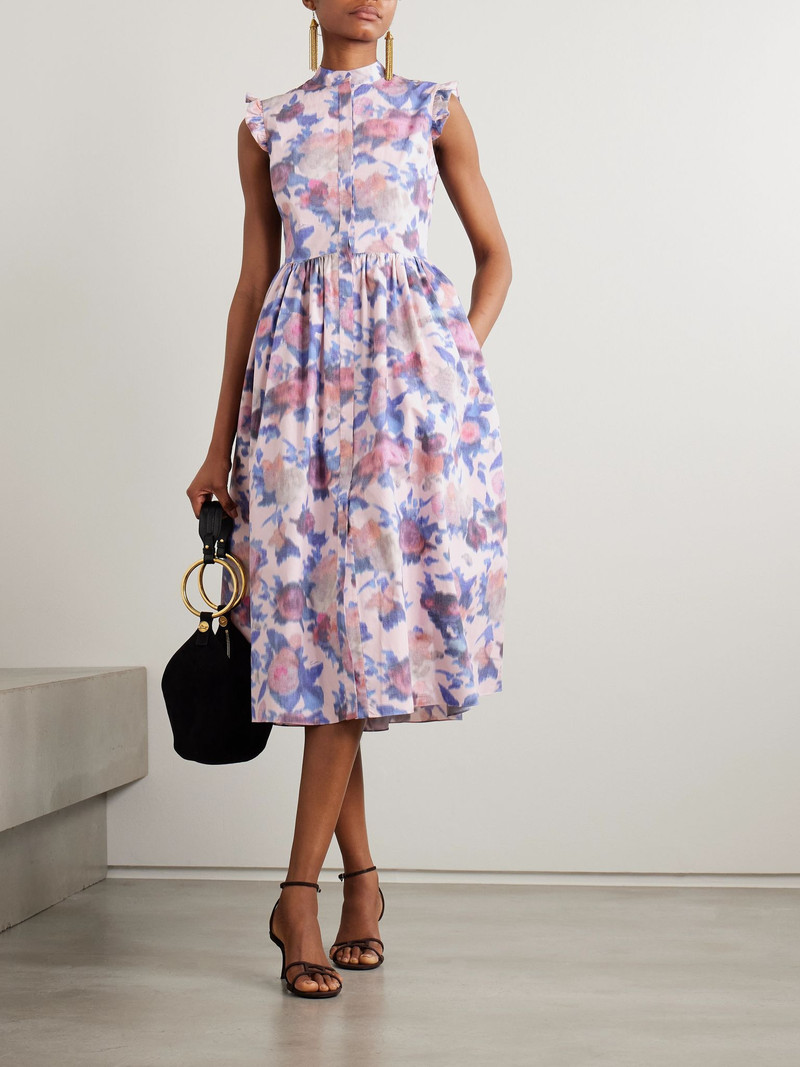 Erdem Ruffled gathered floral-print cotton-poplin midi dress Pink outlook