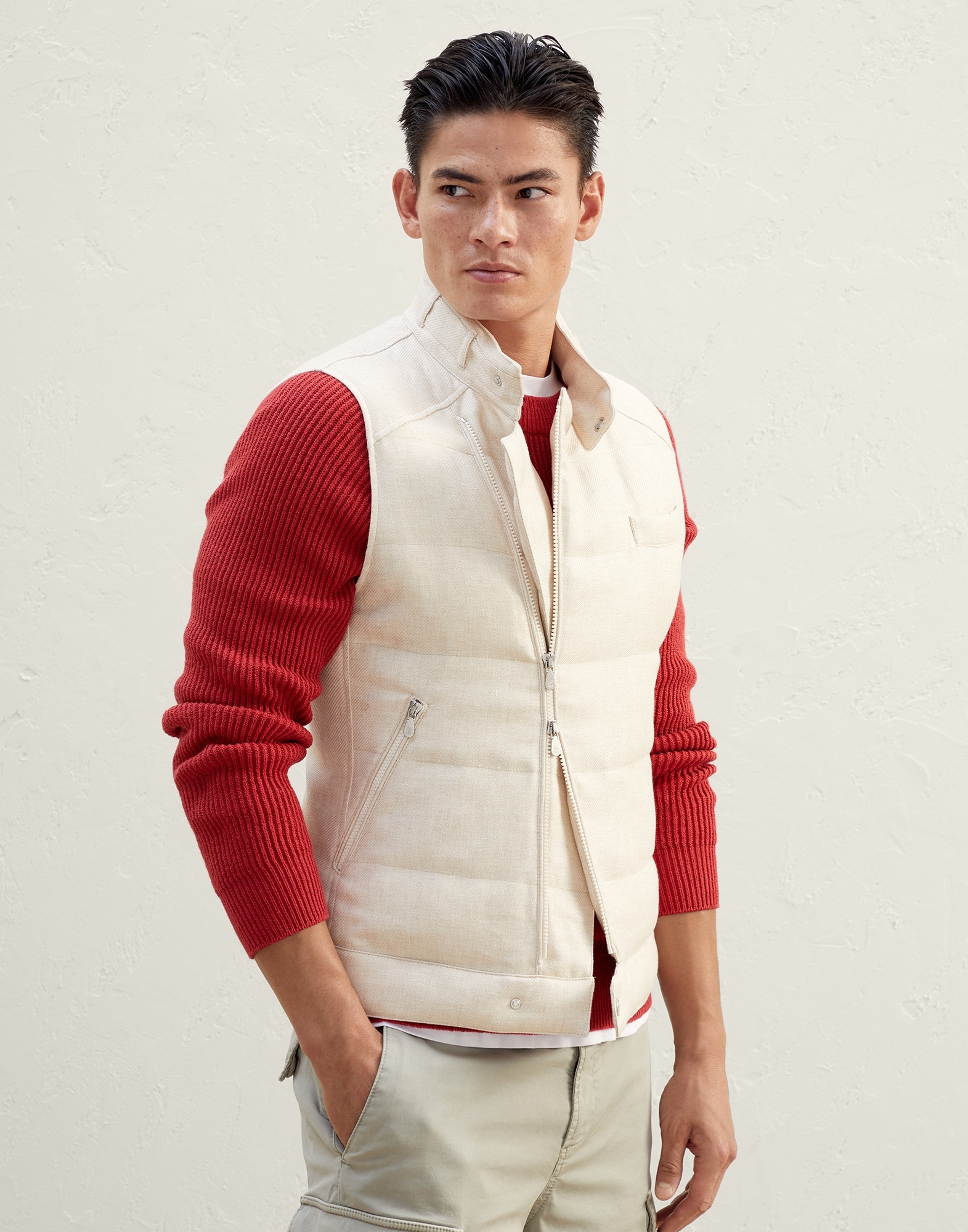 Linen, wool and silk diagonal biker-style down vest - 1