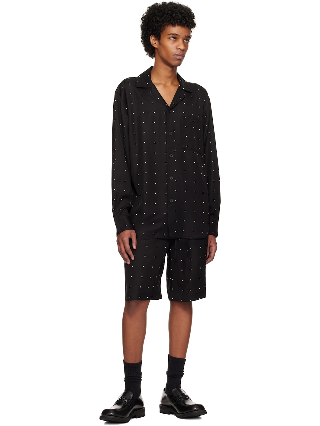 Black Dotted Loose Camp Collar Shirt - 4