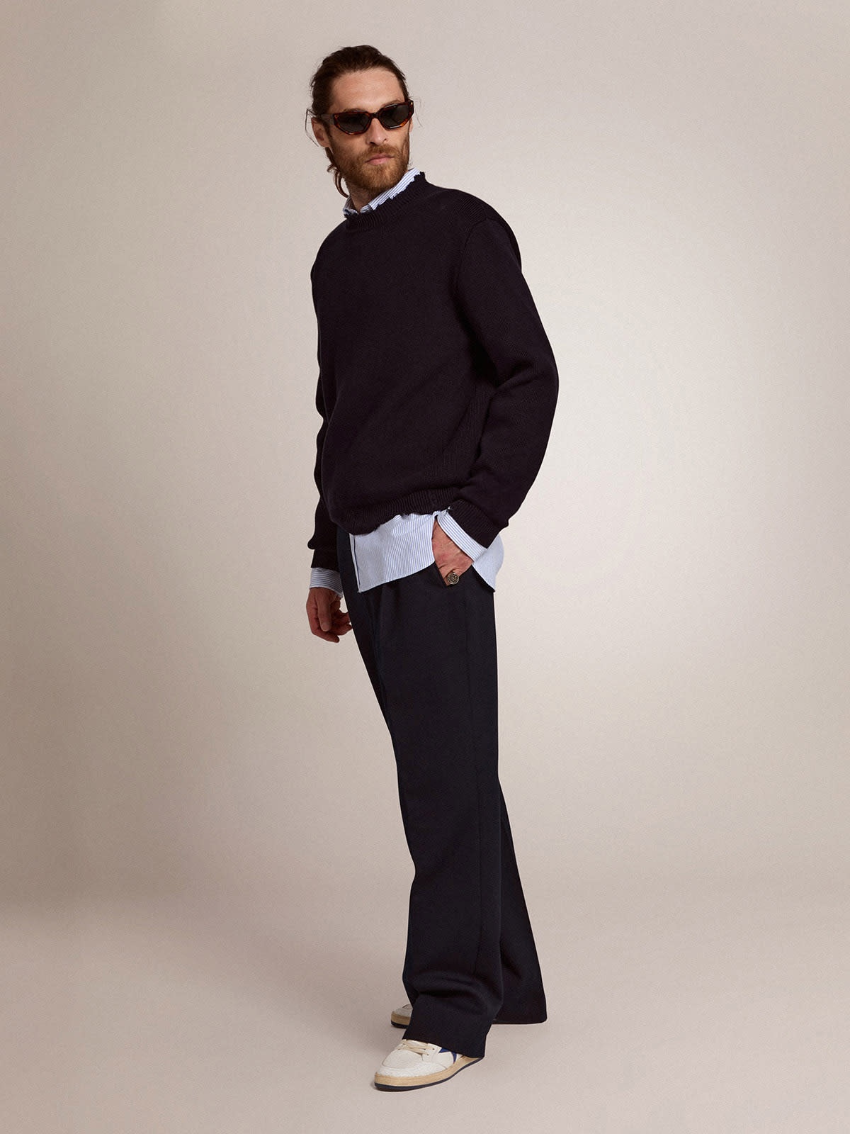 Men’s round-neck sweater in dark blue cotton - 3