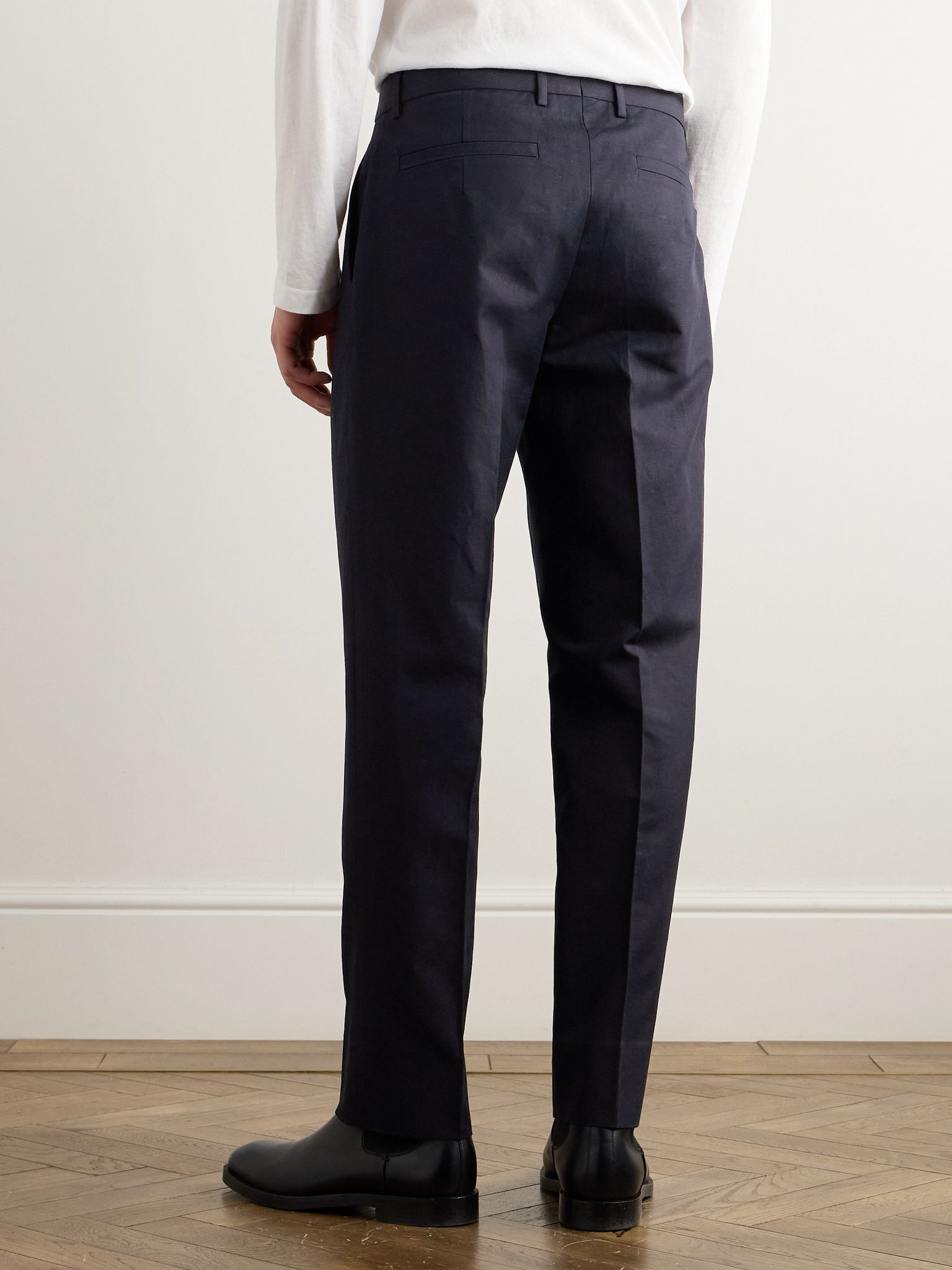 Tapered Pleated Cotton and Linen-Blend Twill Trousers Blue - 4