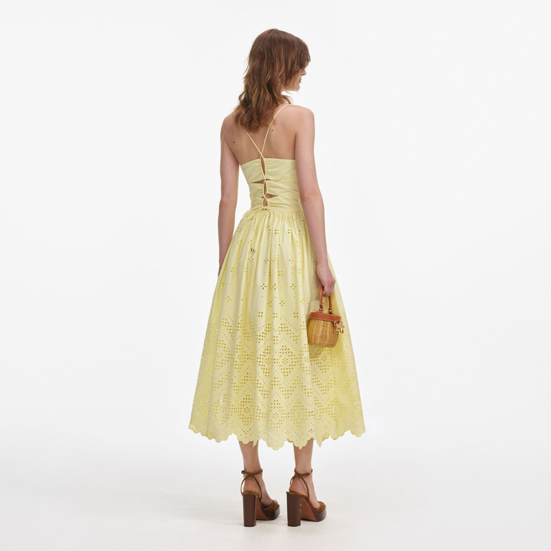 self-portrait Yellow Cotton Broderie Midi Dress outlook