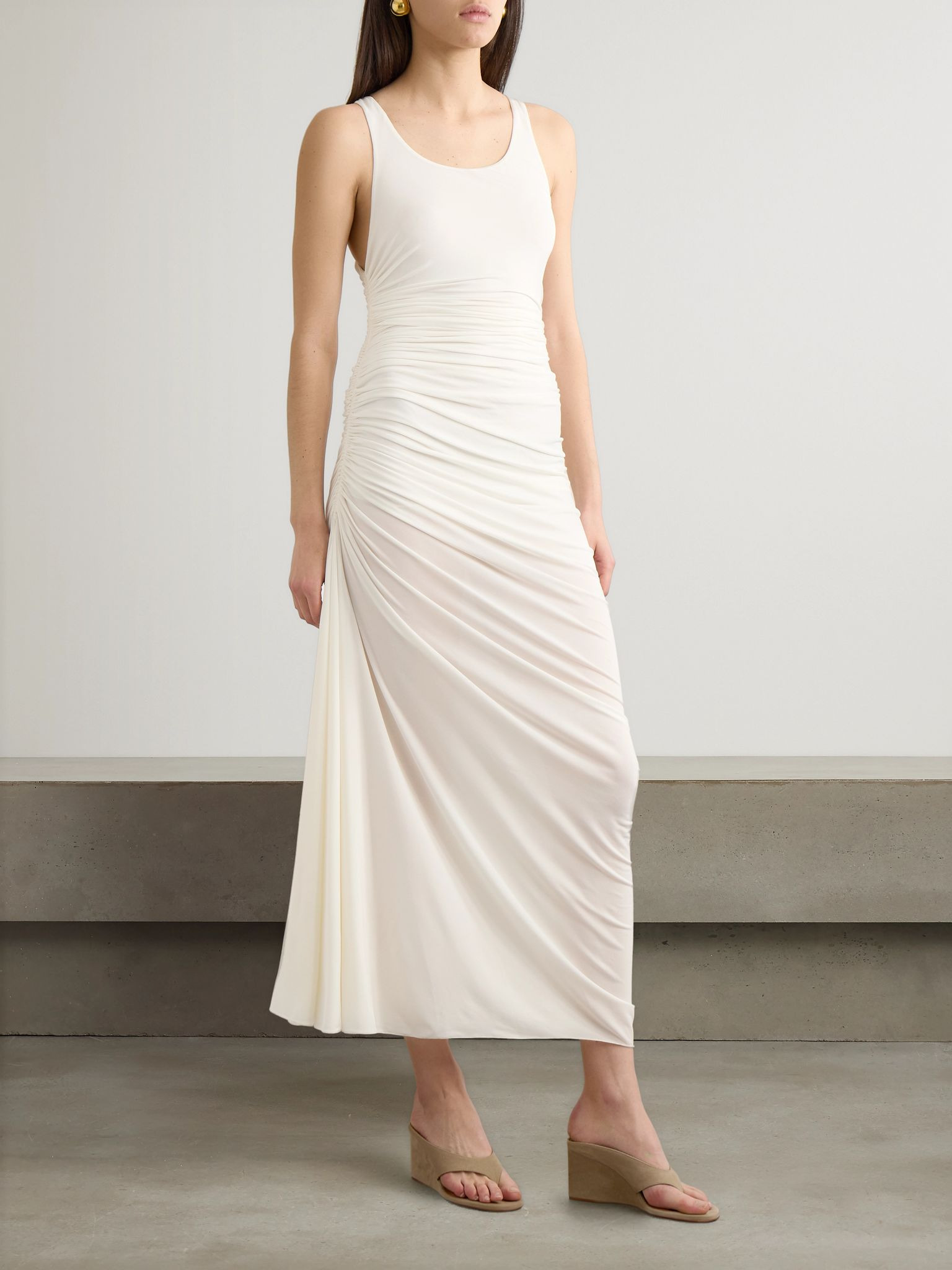 Gathered stretch-jersey midi dress White - 2