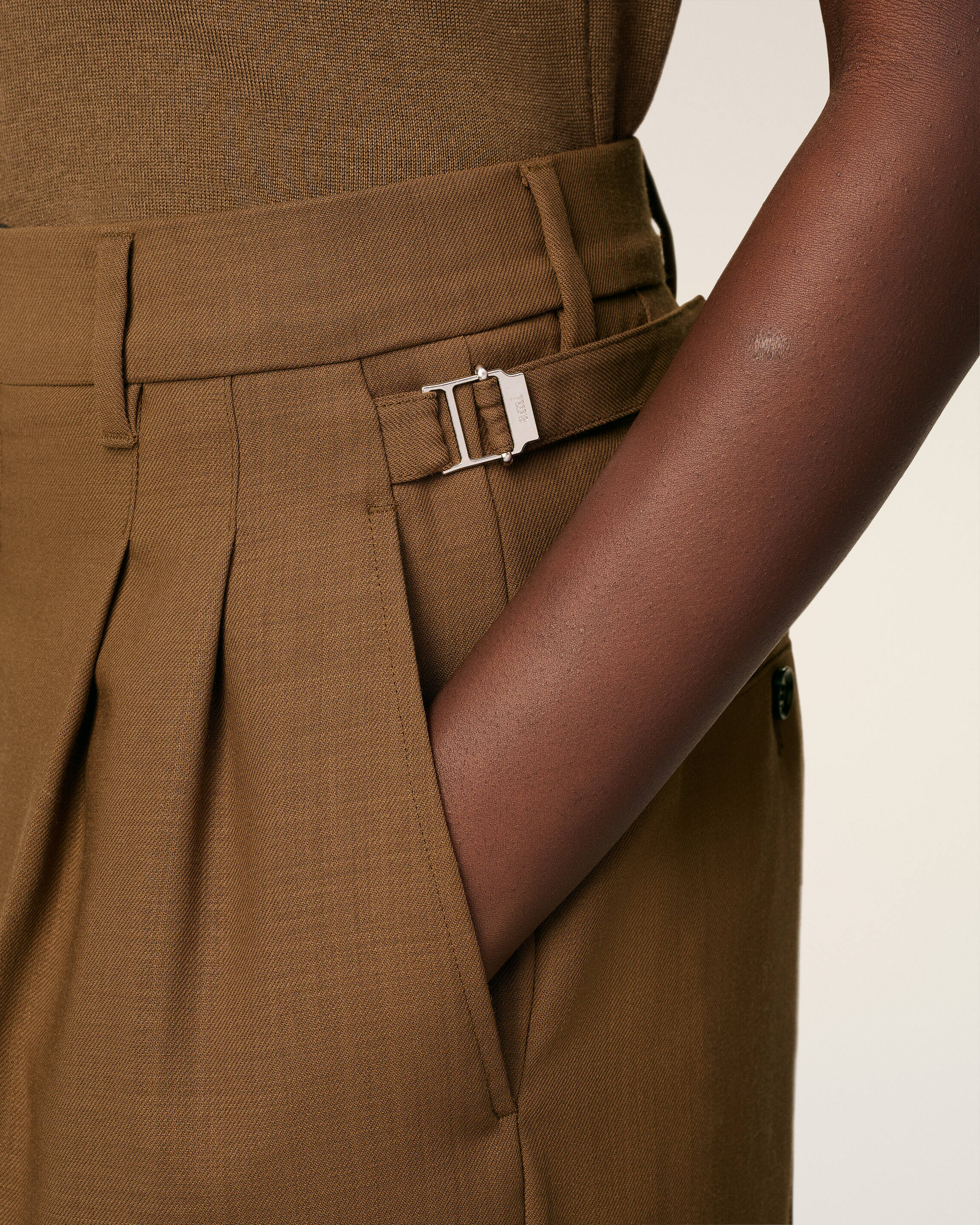 BROWN WOOL HIGH WAIST TABS WIDE TROUSERS - 5
