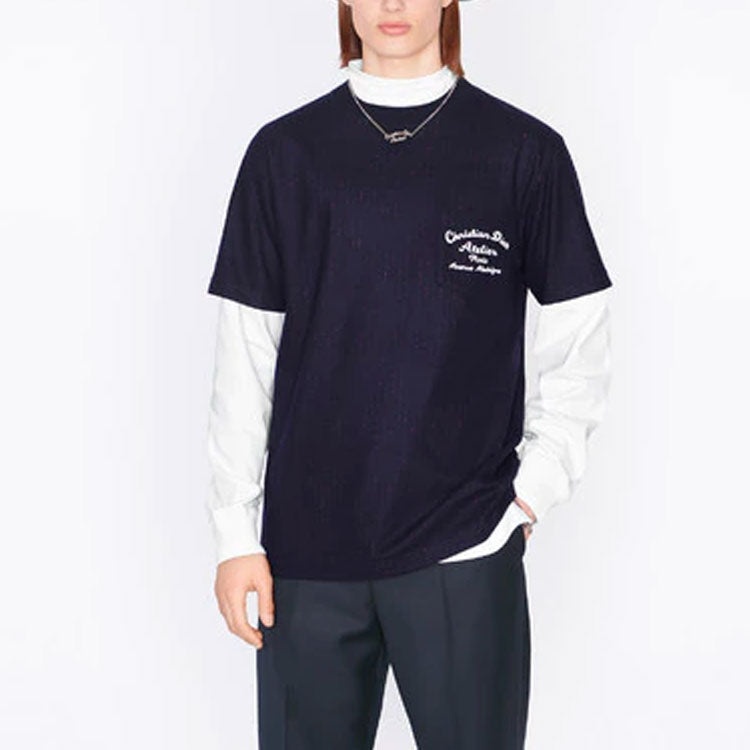 Men's DIOR SS22 Embroidered Plain Weave Knit Short Sleeve Navy Blue T-Shirt 213J637A0739-C583 - 6