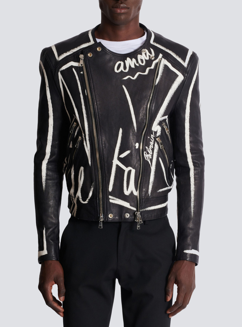 Leather biker jacket with "Love Letter" print 5