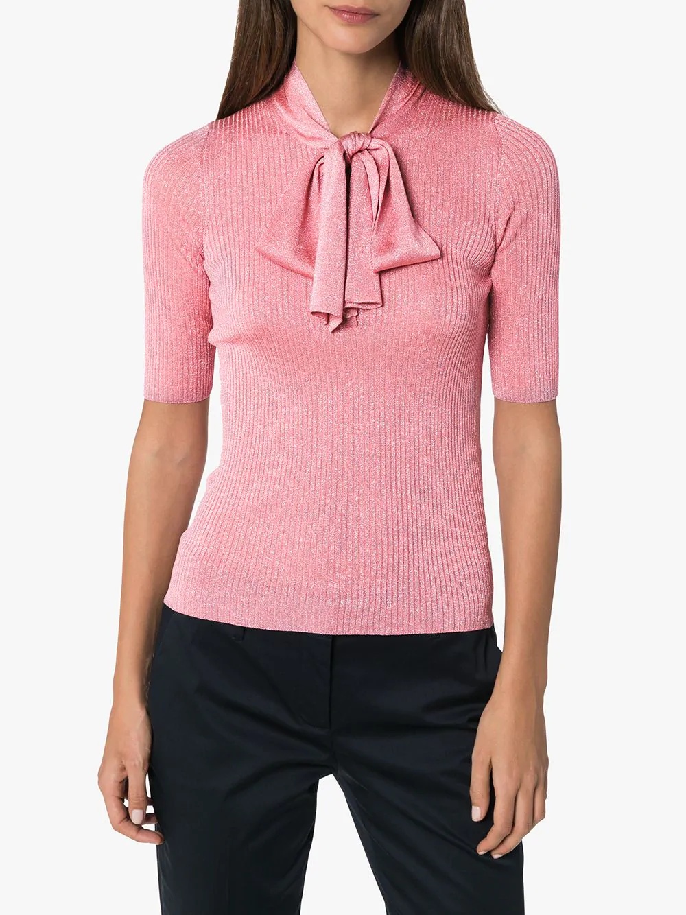 pussy-bow metallic ribbed-knit top - 3