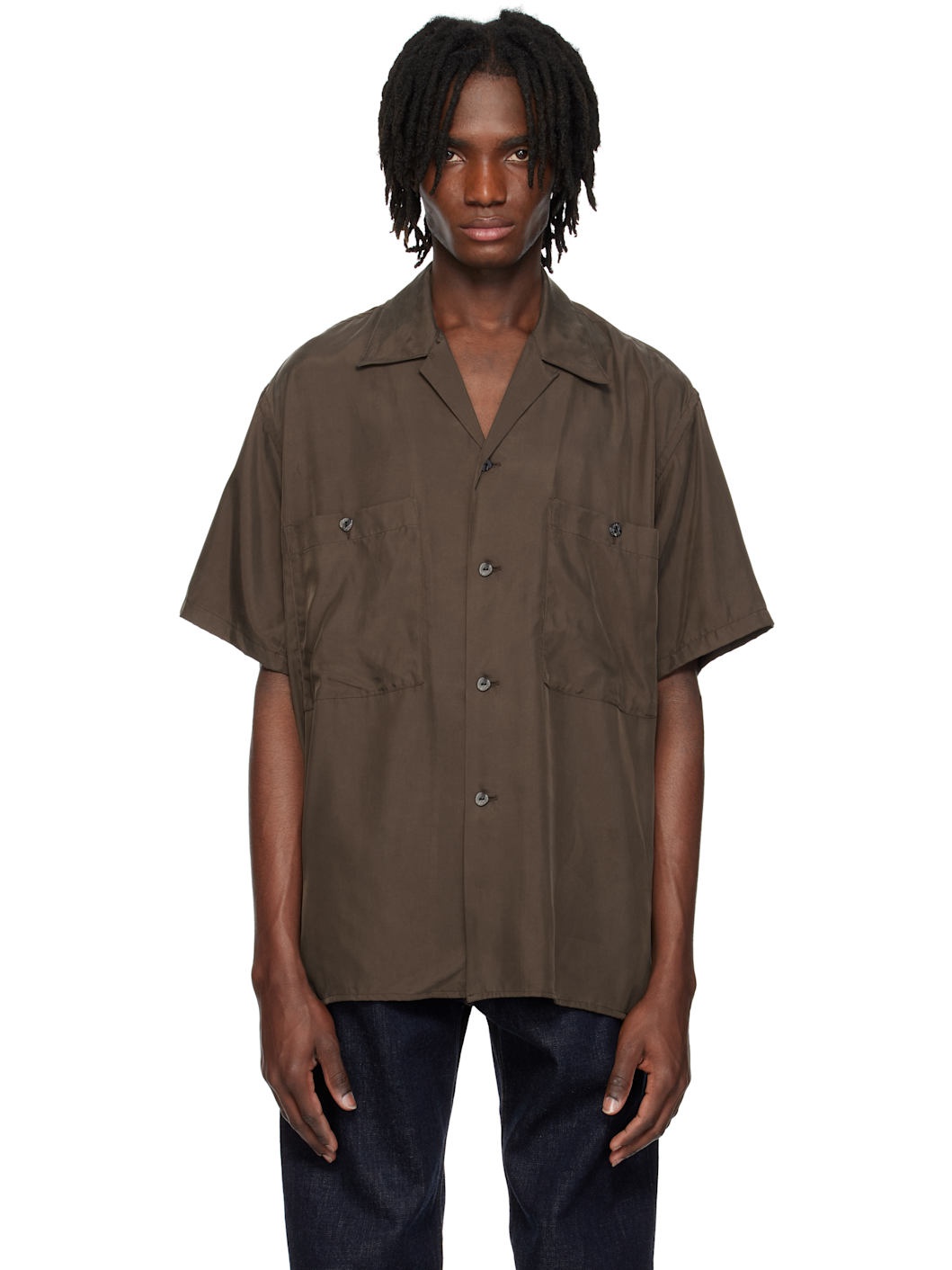 Brown Chambray Open Collar Shirt - 1