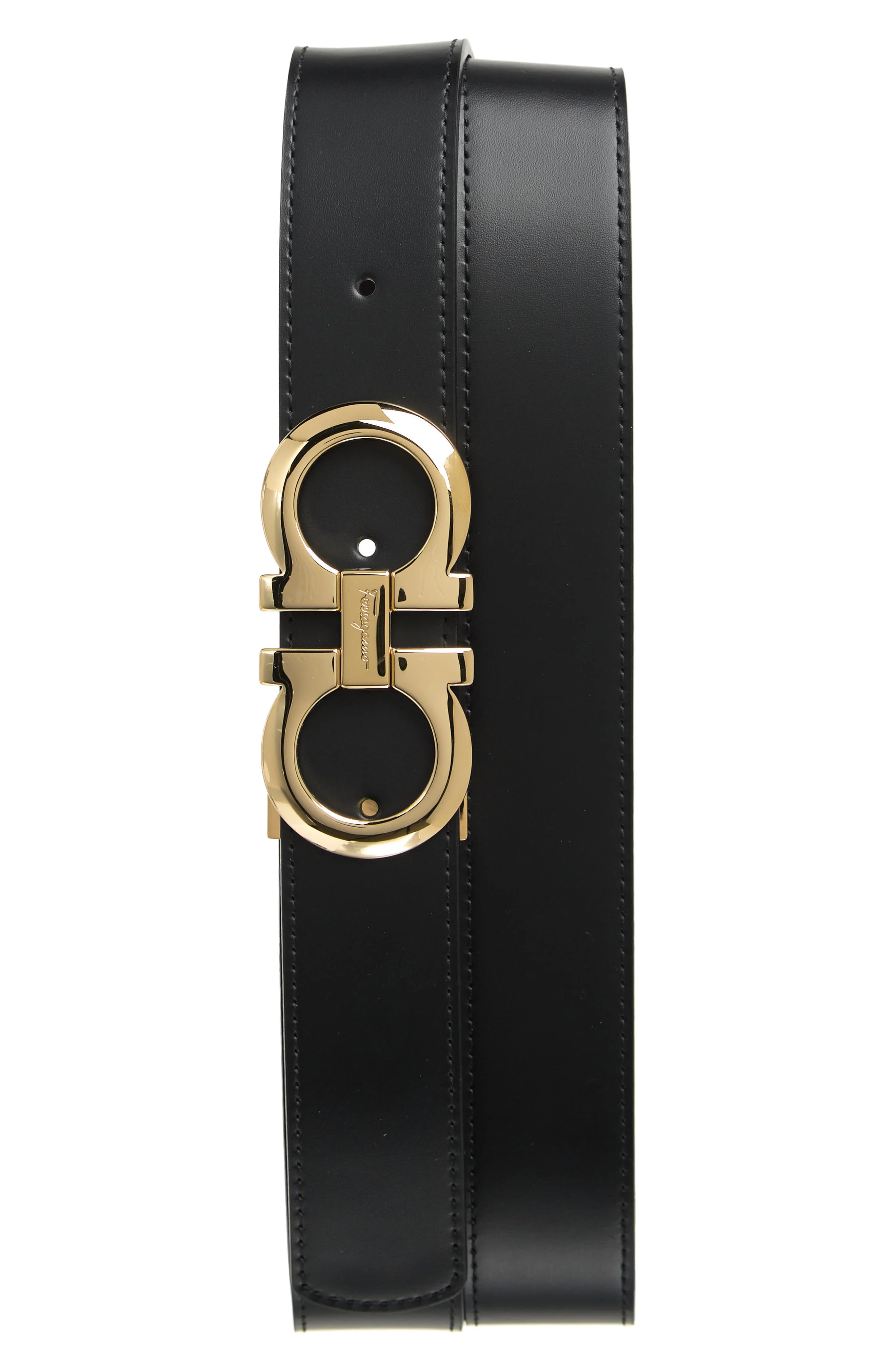FERRAGAMO Reversible Double Gancio Leather Belt in Nero Hickory at Nordstrom - 1