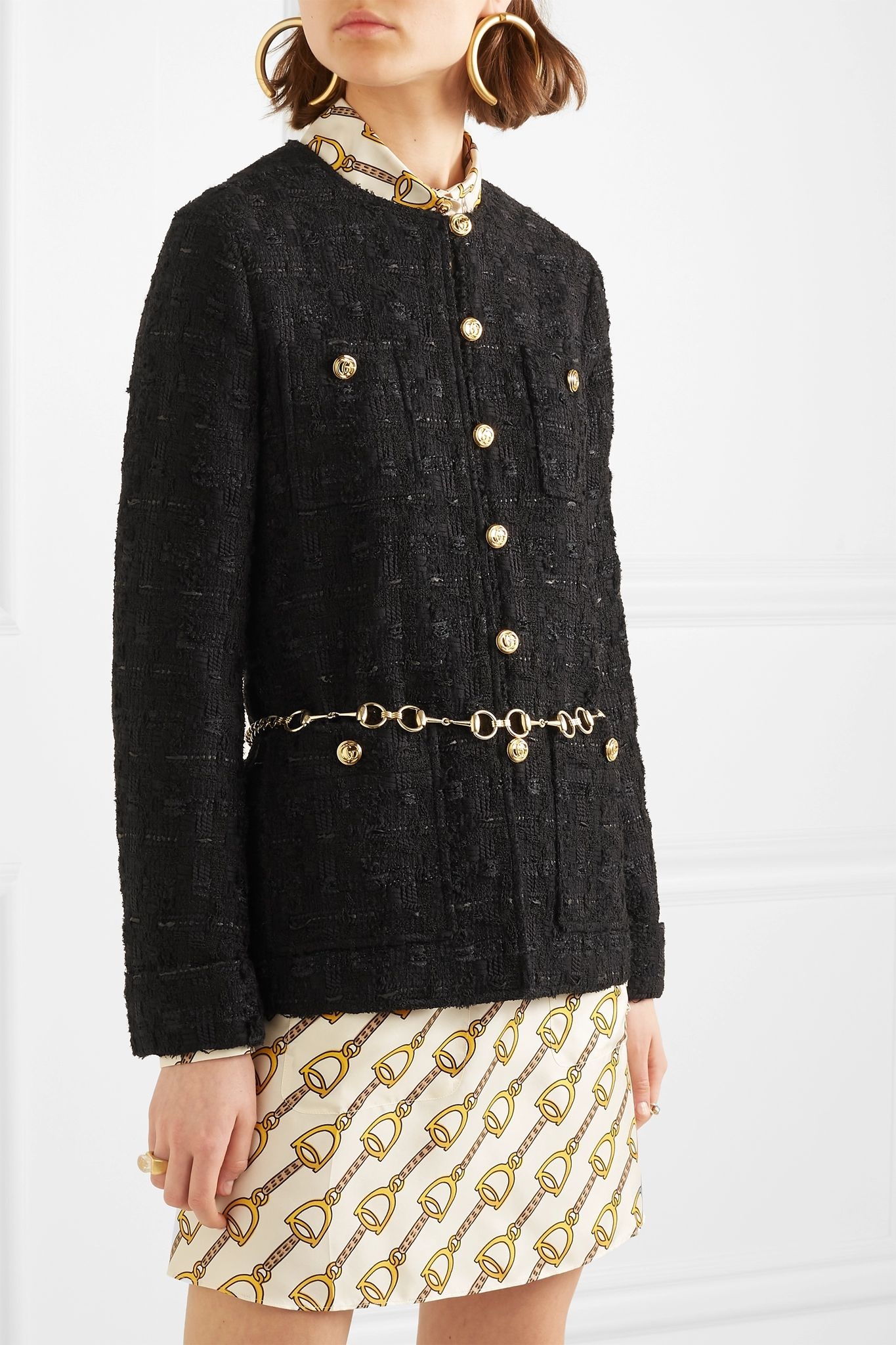 Belted button-embellished tweed jacket  - 3