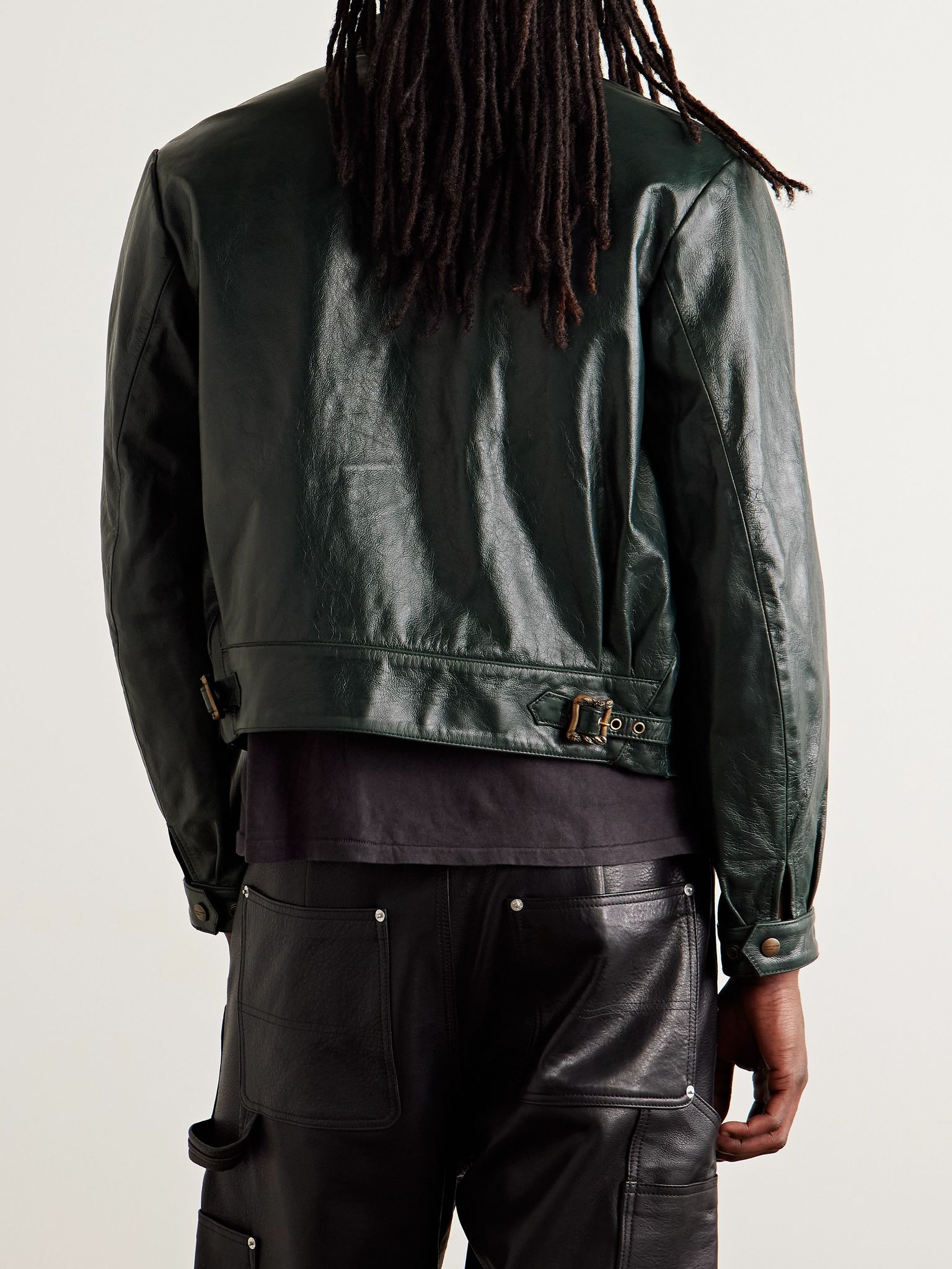 Scorpio Rising Cropped Textured-Leather Jacket Dark green - 3