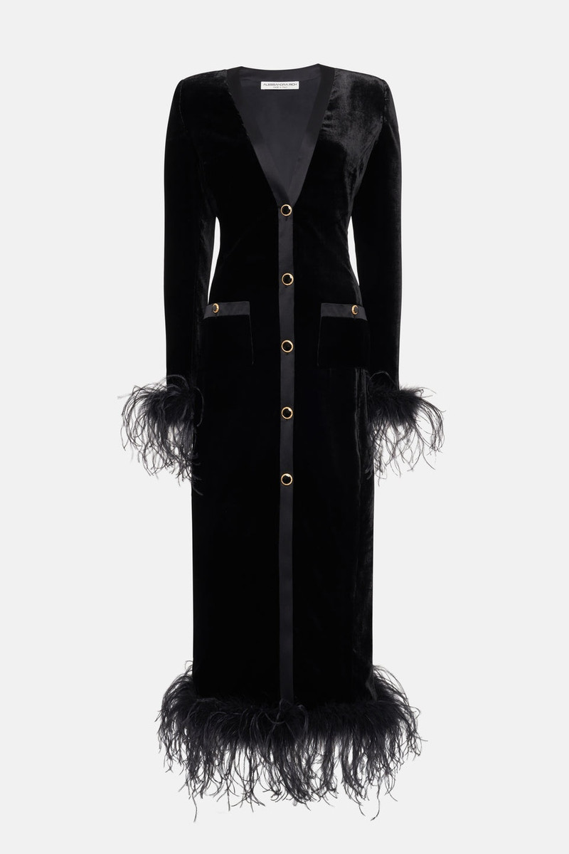 VELVET DRESS WITH FEATHERS AND JWL BUTTONS 1