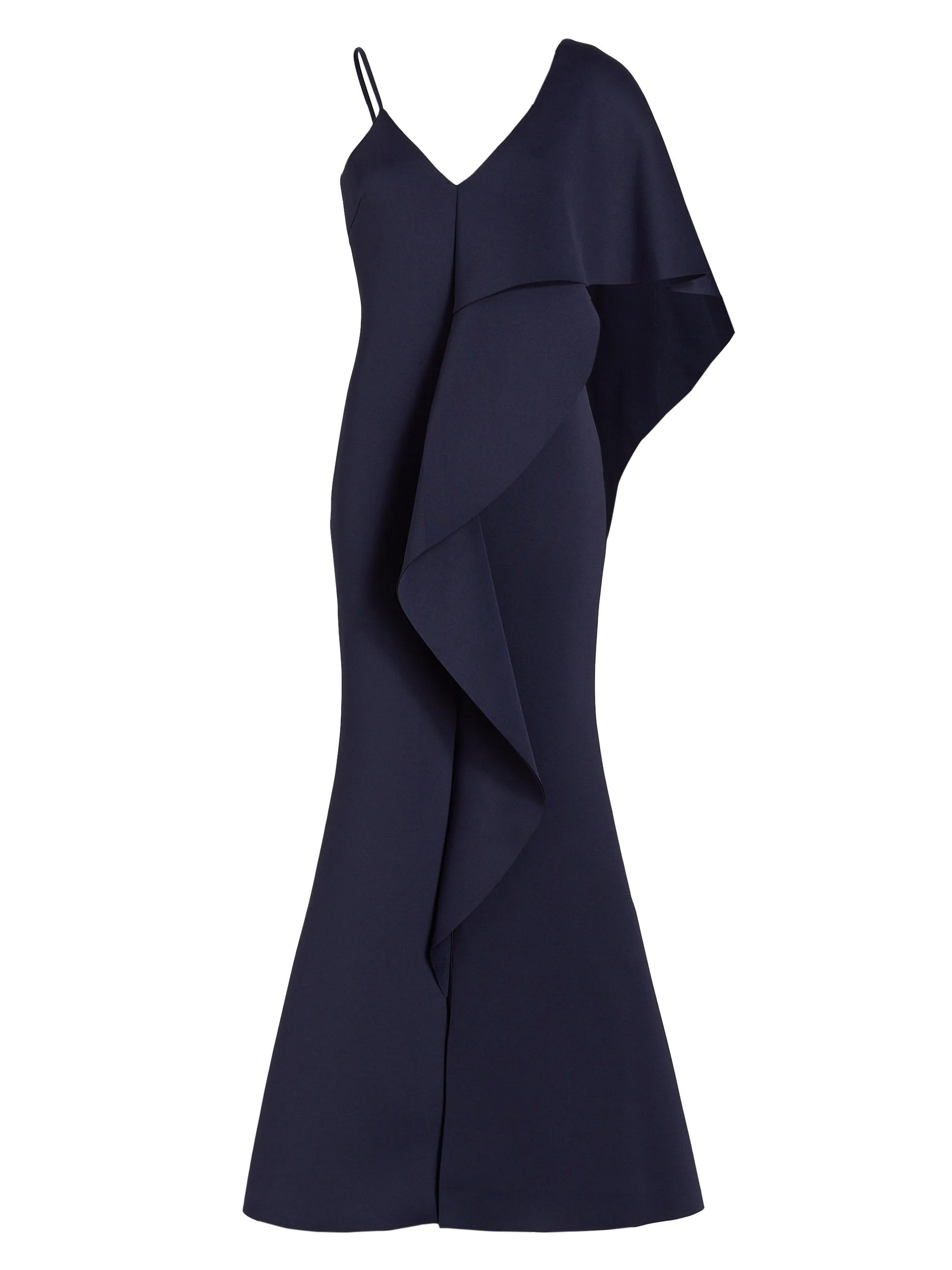 Women's Asymmetrical Neoprene Ruffle Gown - Navy - 1
