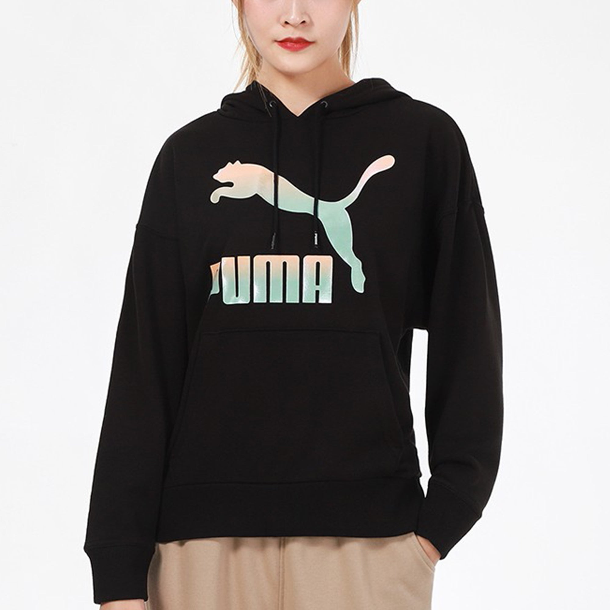(WMNS) PUMA Classics Logo Hoodie 'Black White' 531385-71 - 3