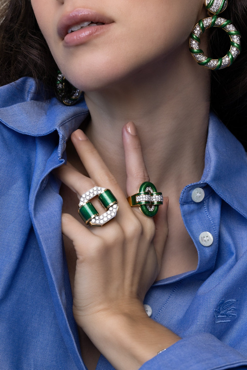 DAVID WEBB Green Chevron Double Buckle Ring outlook