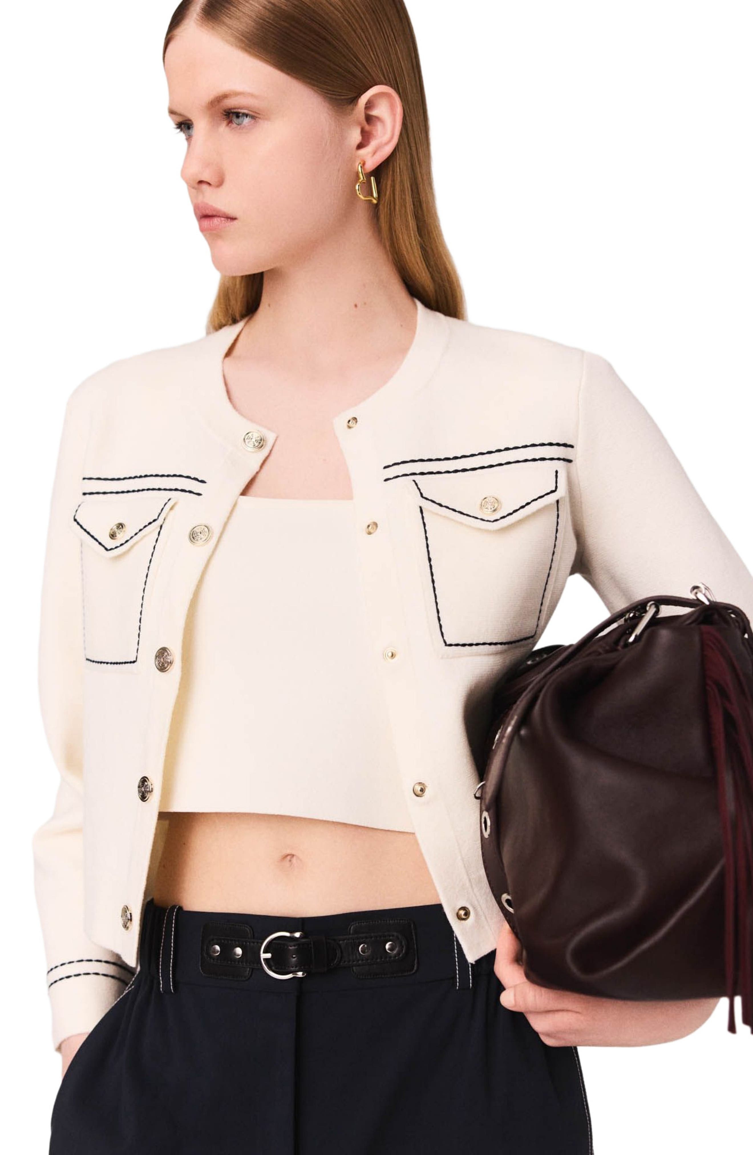 maje Topstitched cropped cardigan in Ecru at Nordstrom - 4