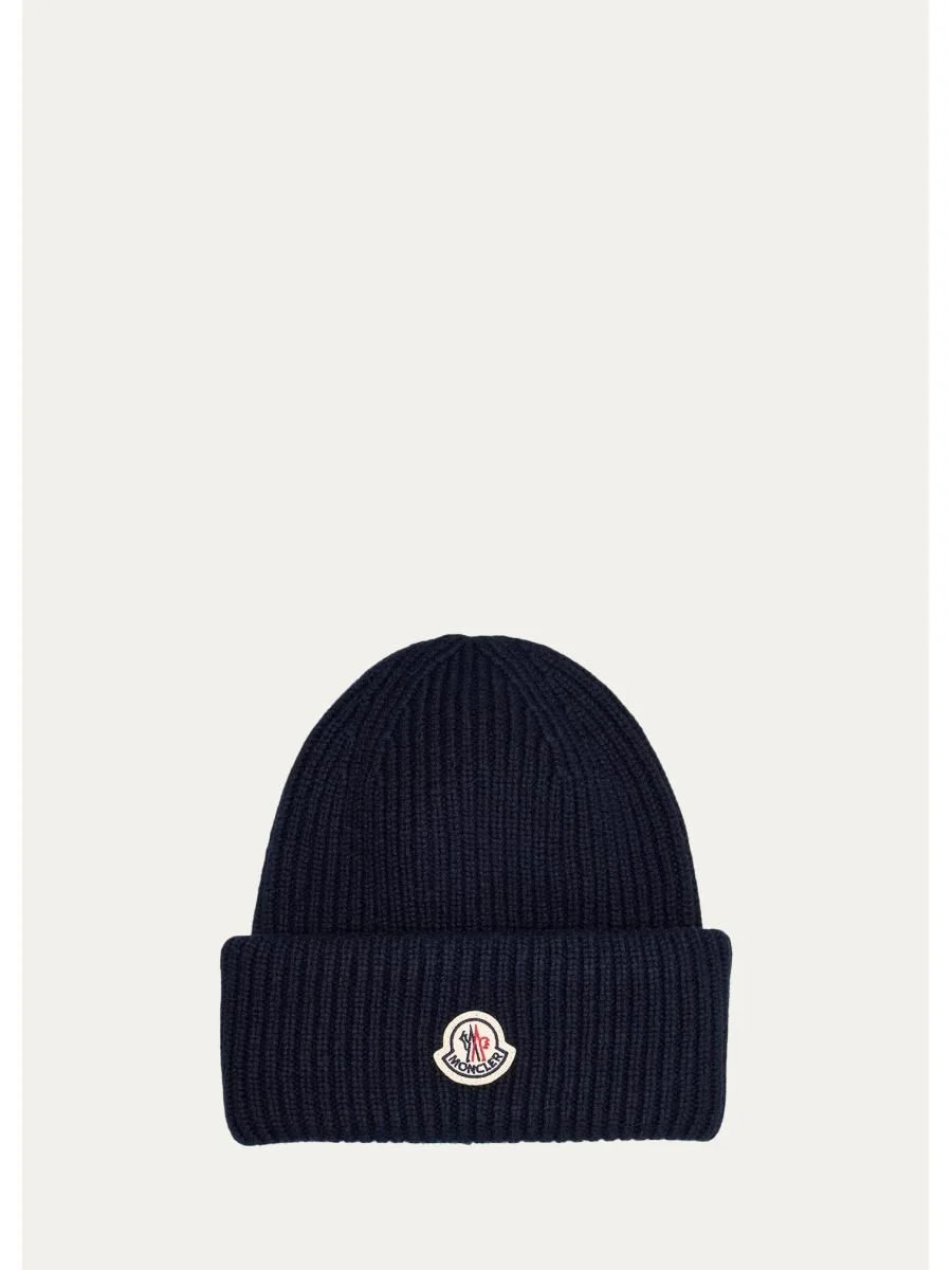 Men's Wool and Cashmere Ribbed Logo Beanie Hat - 1