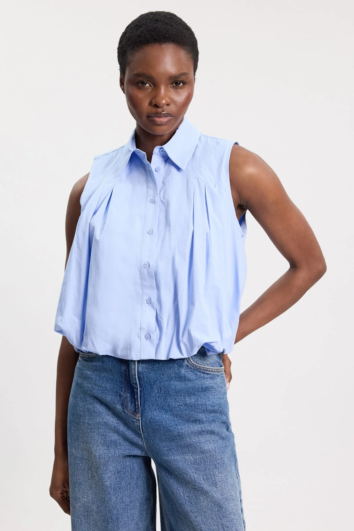 Cotton Sleeveless Puffball Shirt - 1