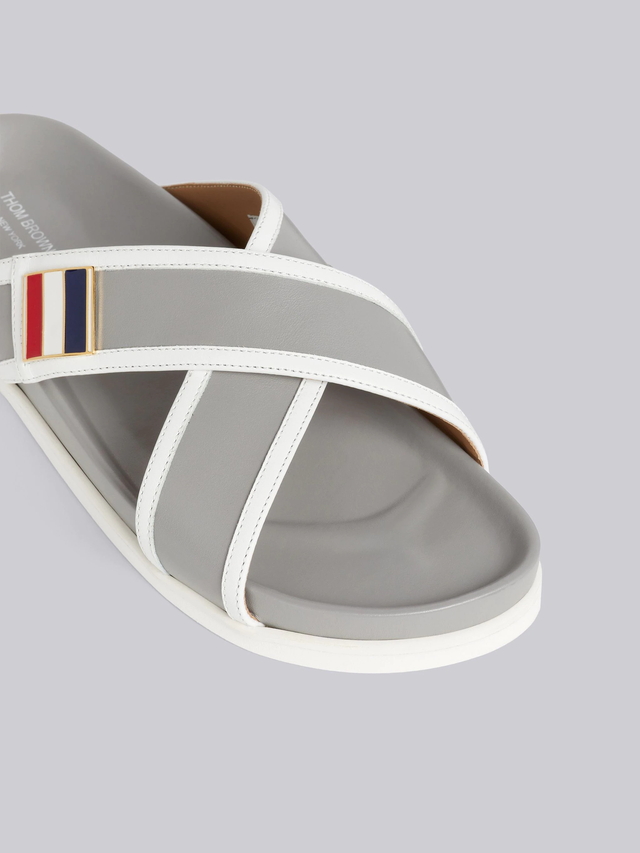 Dark Grey Vitello Calf Leather Stripe Enamel Buckle Criss Cross Sandal - 2