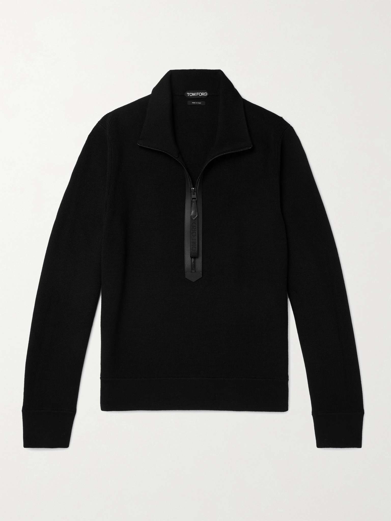 Leather-Trimmed Merino Wool Half-Zip Sweater - 1