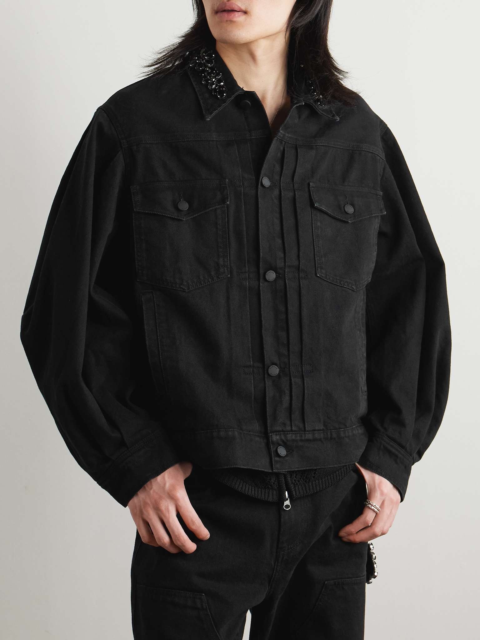 Crystal-Embellished Pleated Denim Jacket - 3
