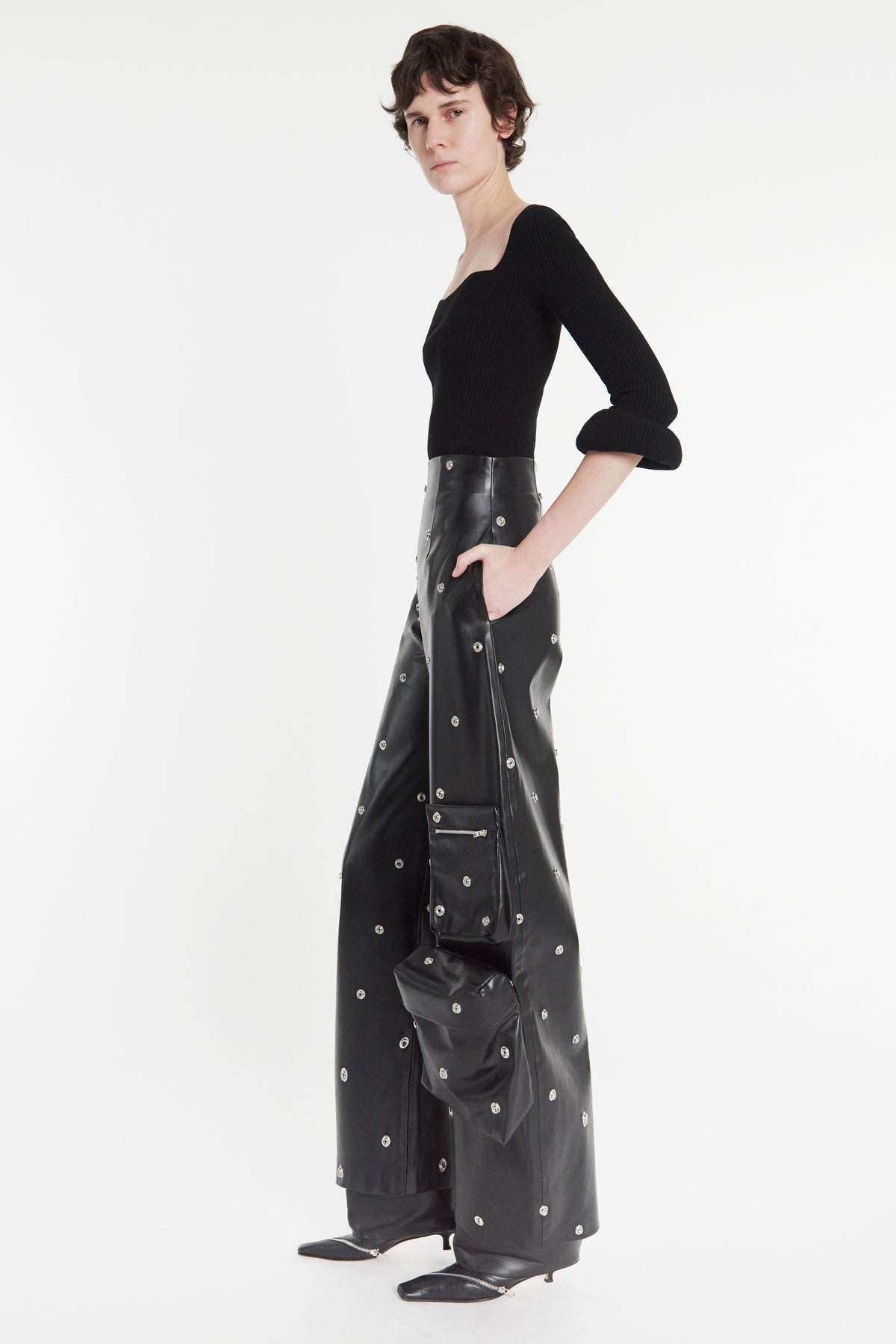 FAUX LEATHER STUD TROUSER WITH SNAP-ON POCKETS BLACK - 3
