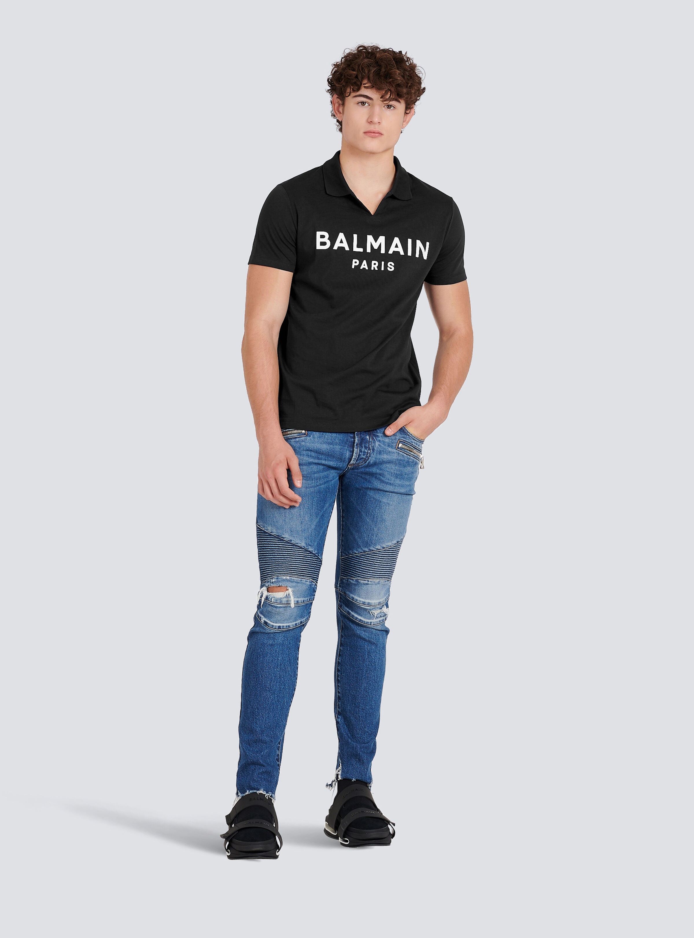 Cotton polo with black Balmain logo print - 2