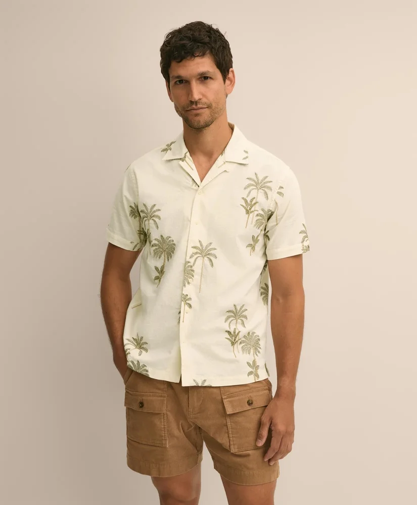 Cotton-Linen Camp Collar, Palm Tree Short-Sleeve Shirt - 1