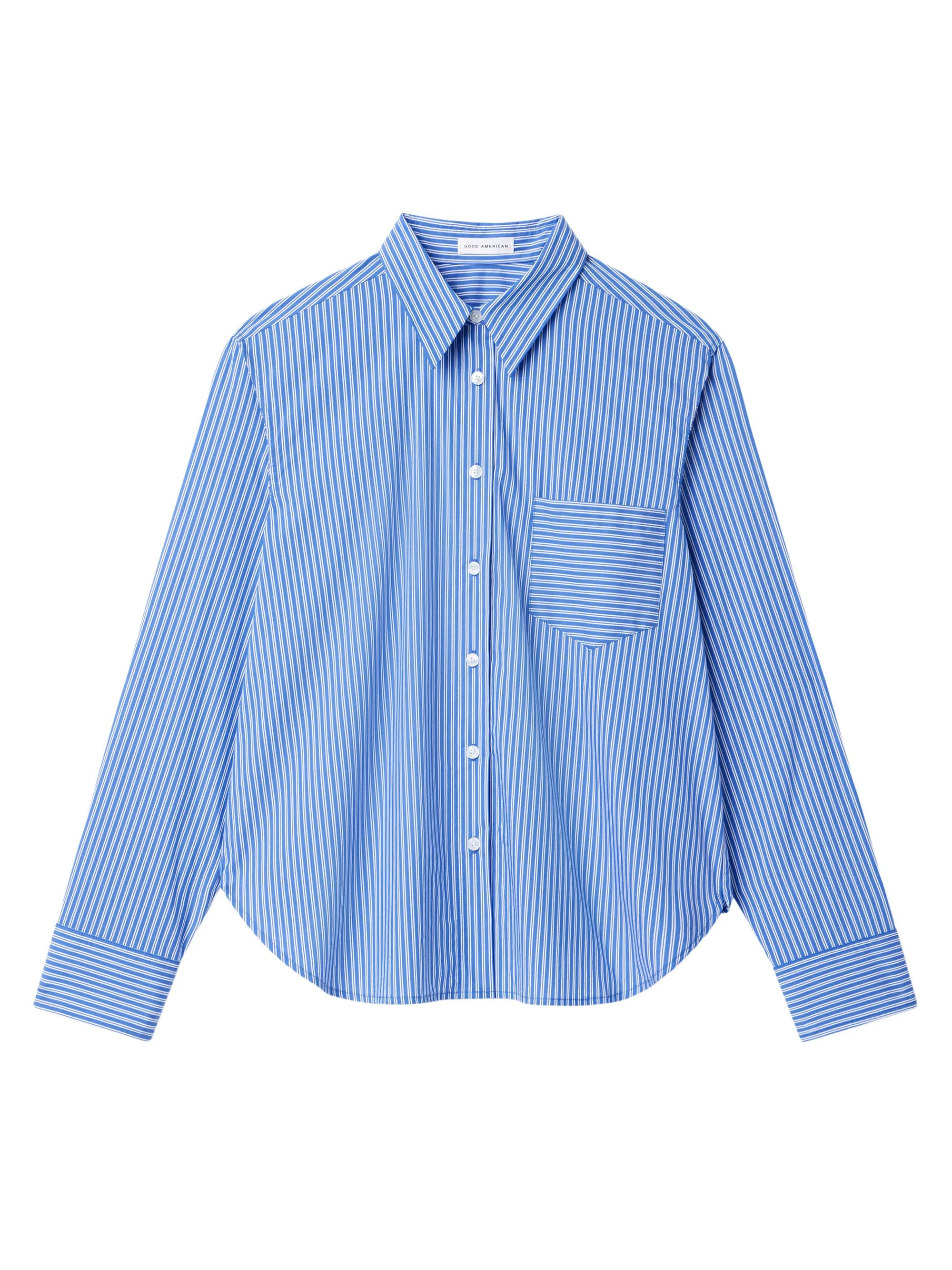 Women's Striped Poplin Cotton-Blend Shirt - Blue White Stripe - 1