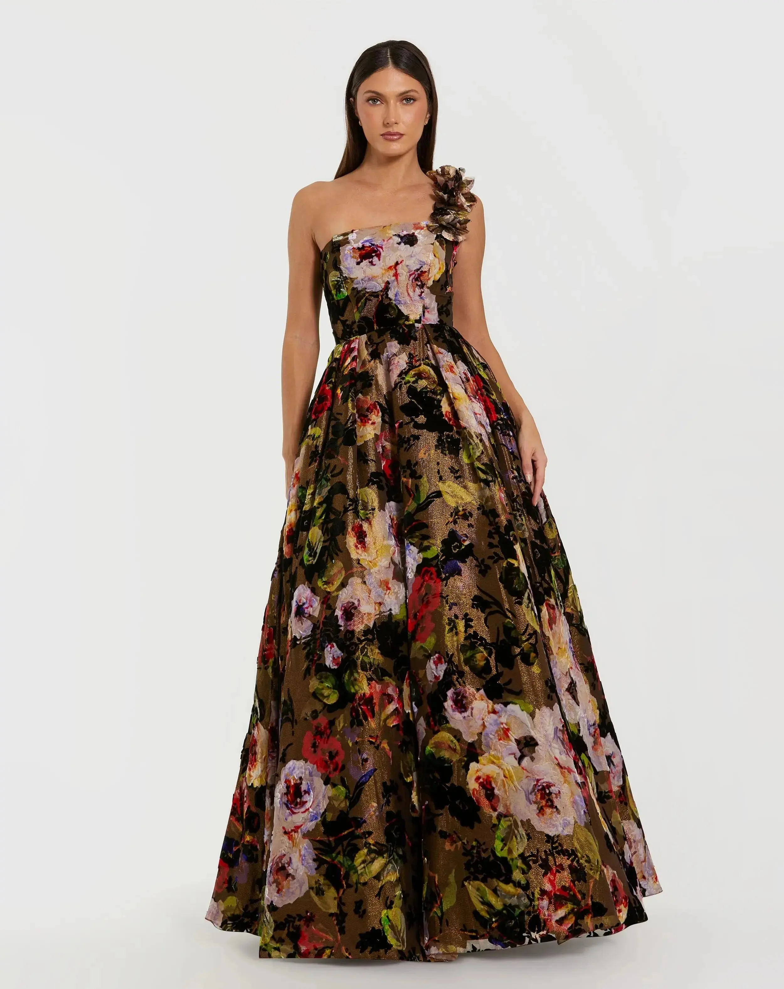 Black Multi Floral Velvet Ball Gown With Pockets - 1