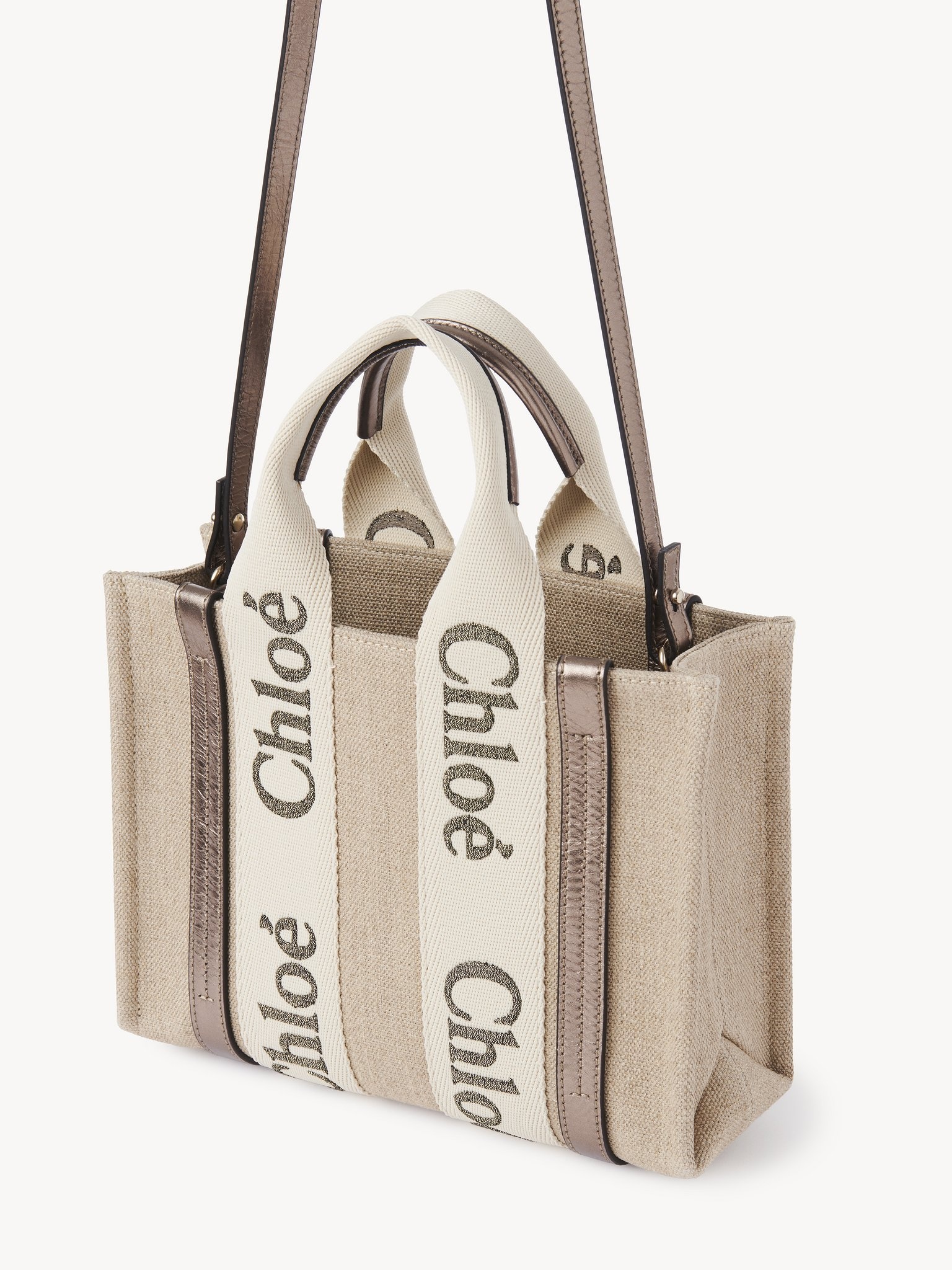 SMALL WOODY TOTE BAG IN LINEN & LEATHER - 3