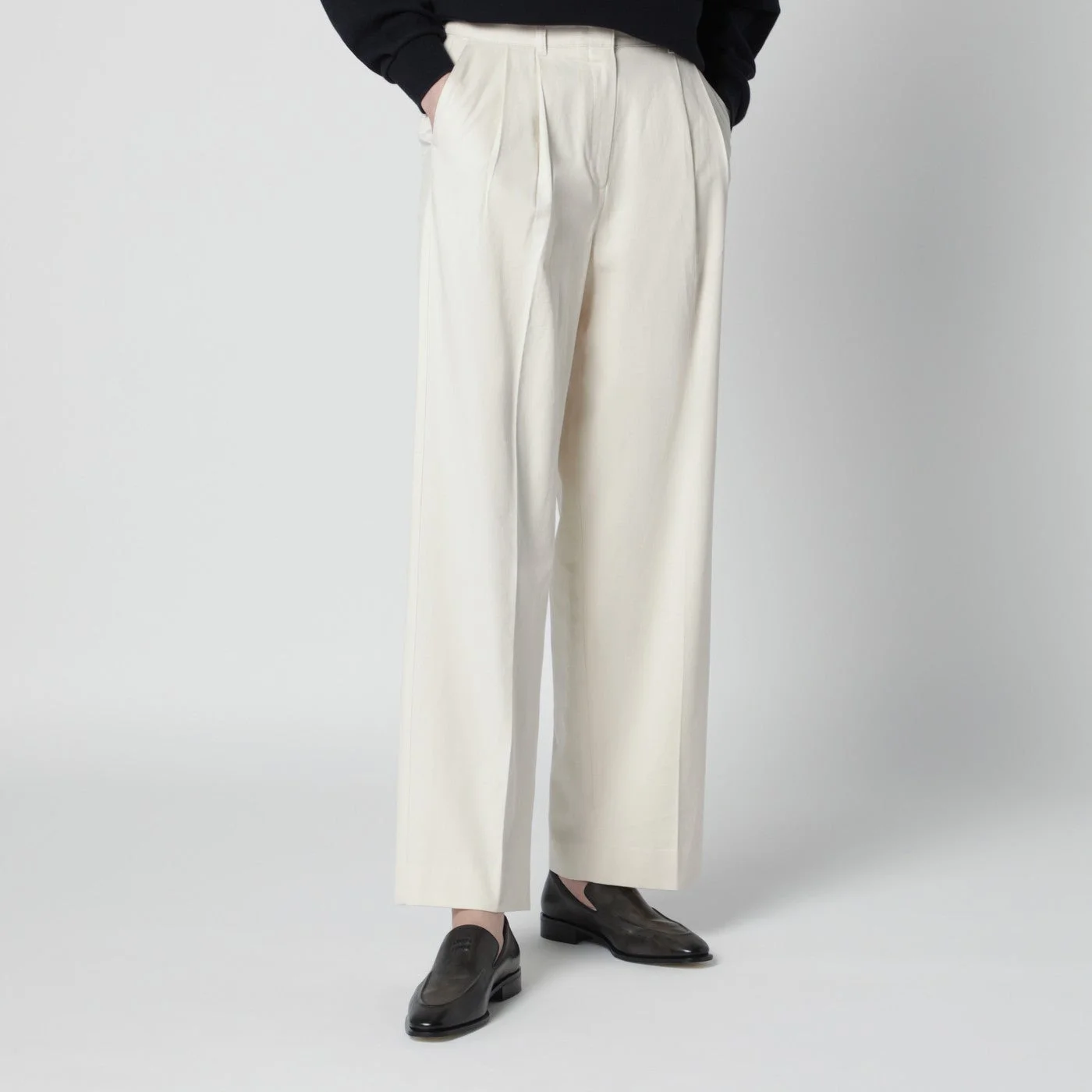 Ivory double-pleat trousers in cotton blend - 1
