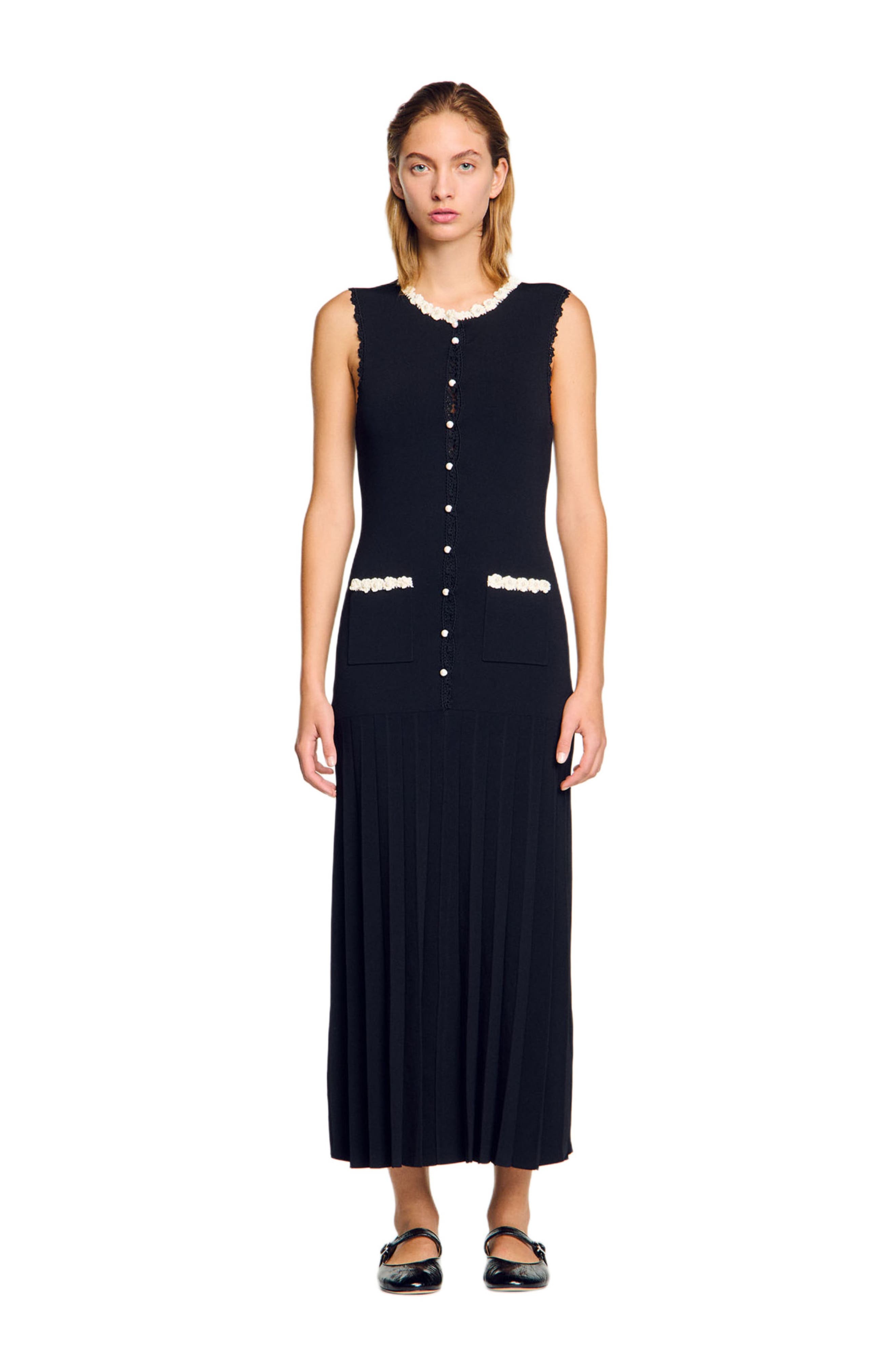 SANDRO Long dress with crochet detailing in Black at Nordstrom - 1