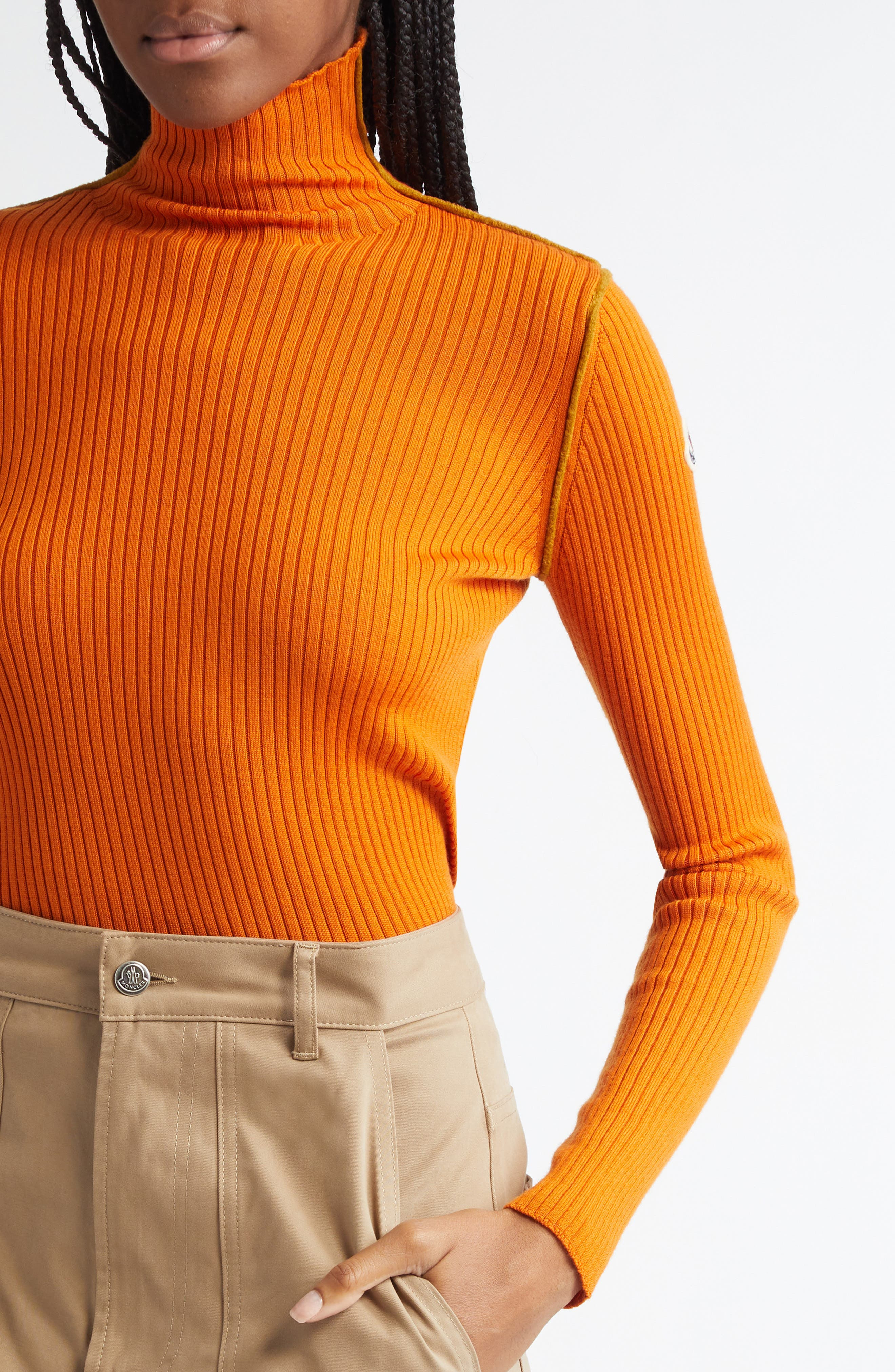 Moncler Fitted Virgin Wool Rib Turtleneck Sweater in Orange at Nordstrom - 4
