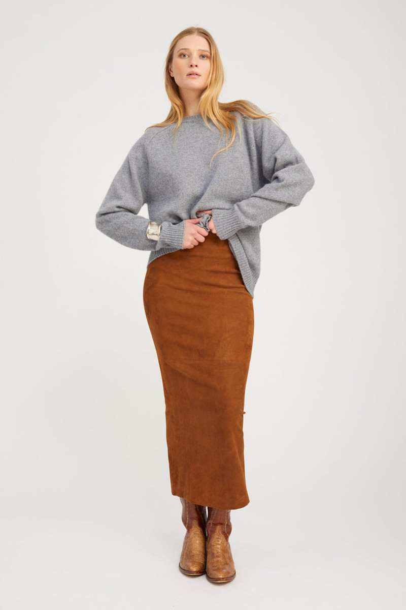 DARK COGNAC SUEDE MAXI TUBE SKIRT 1