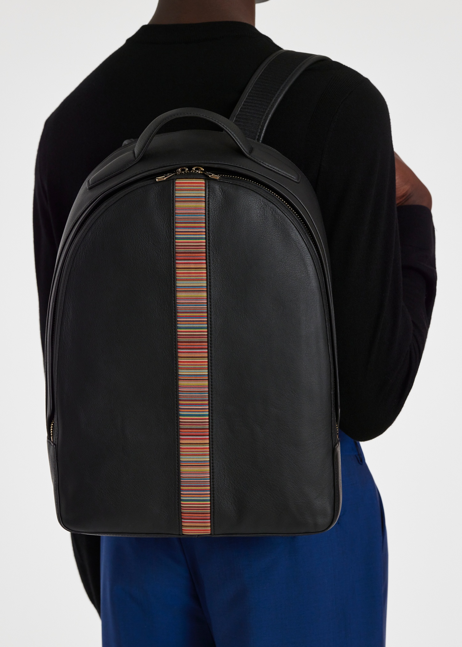 Black Leather 'Signature Stripe' Backpack - 5