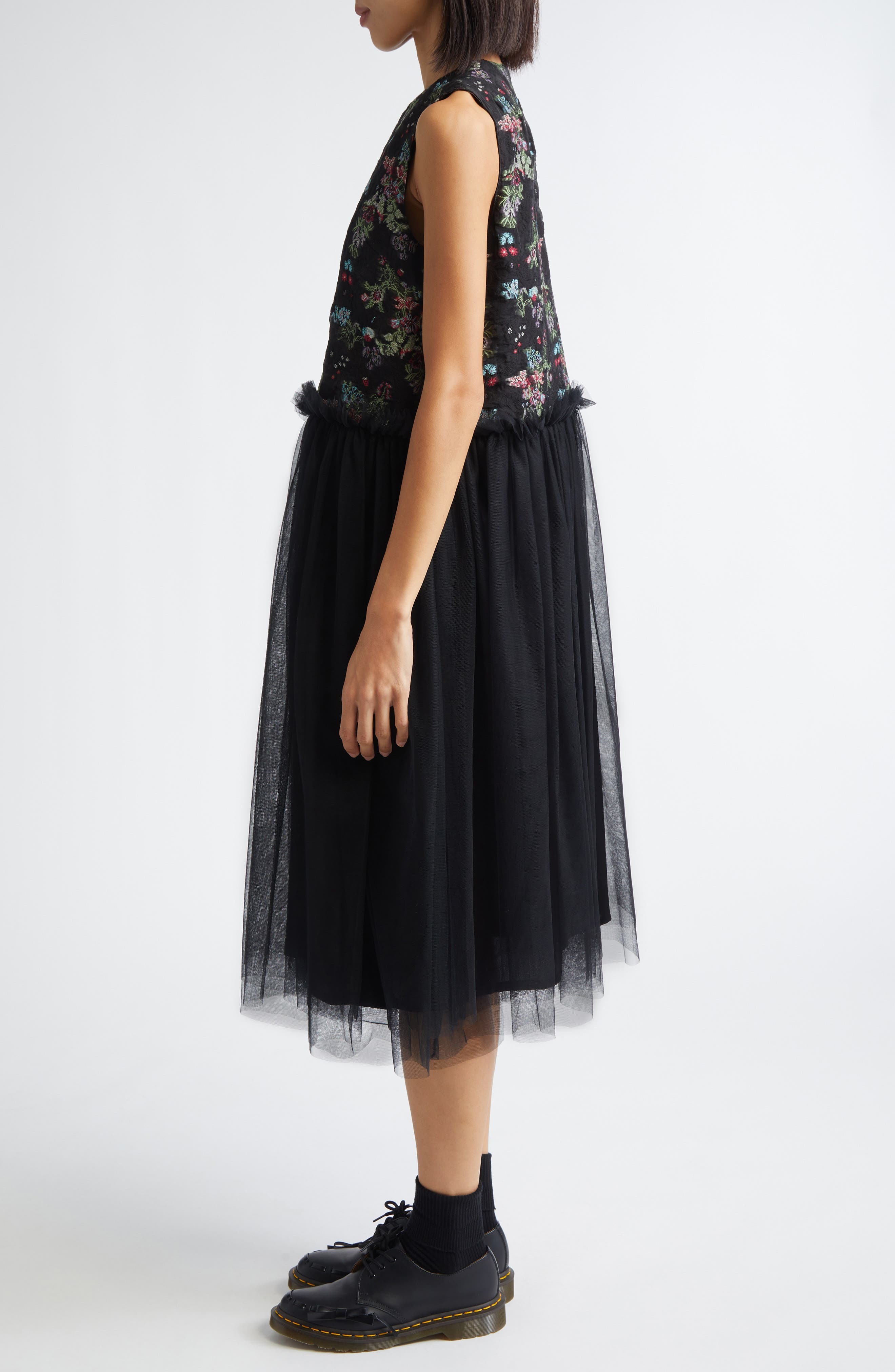 Noir Kei Ninomiya Floral Jacquard & Tulle Midi Dress in Black X Multi at Nordstrom - 3