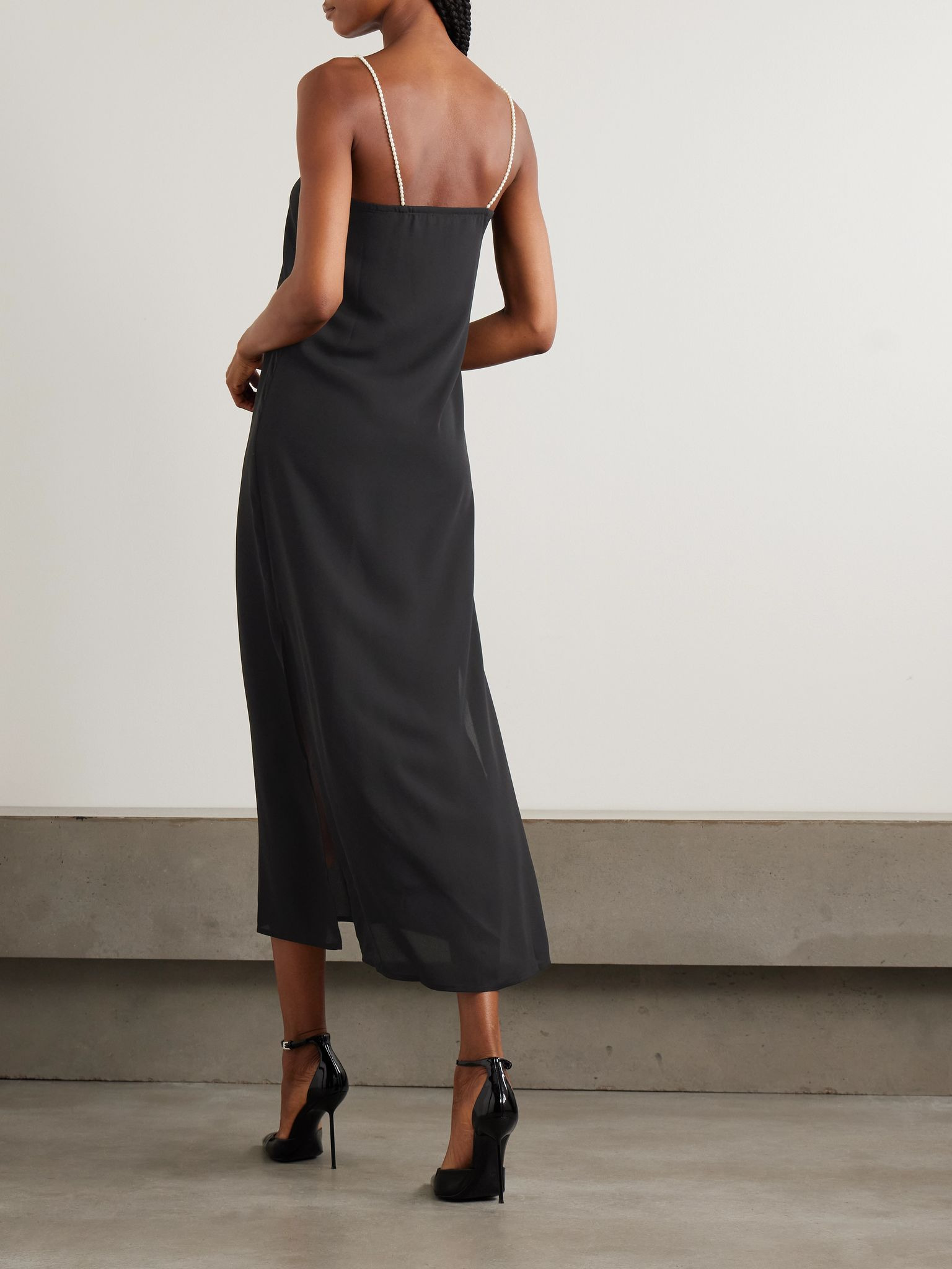 Pearl-embellished recycled-georgette midi dress Black - 3