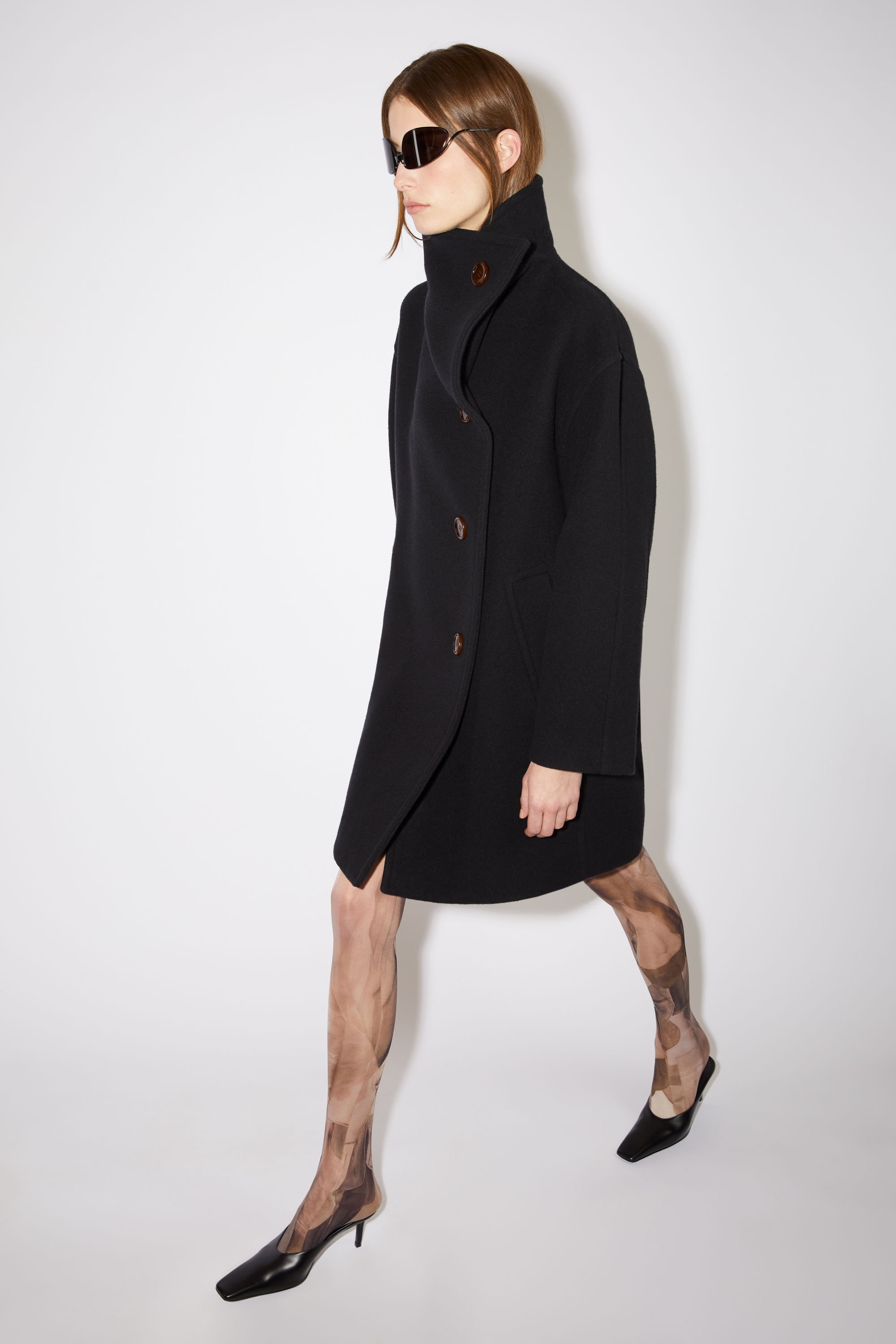 Wool funnel-neck coat - Black - 4