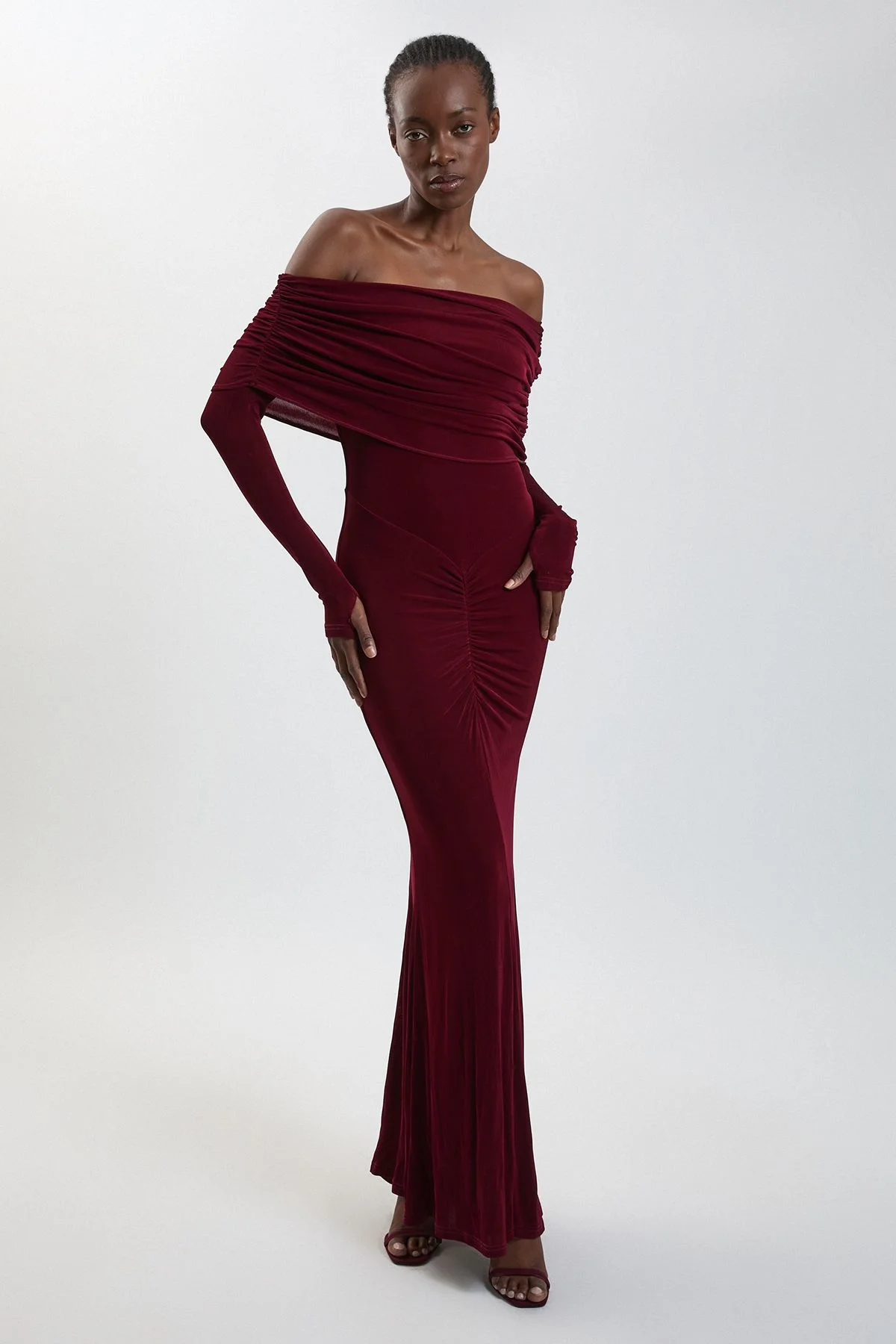 Drapey Crepe Off The Shoulder Ruched Detail Fishtail Maxi Dress - 1