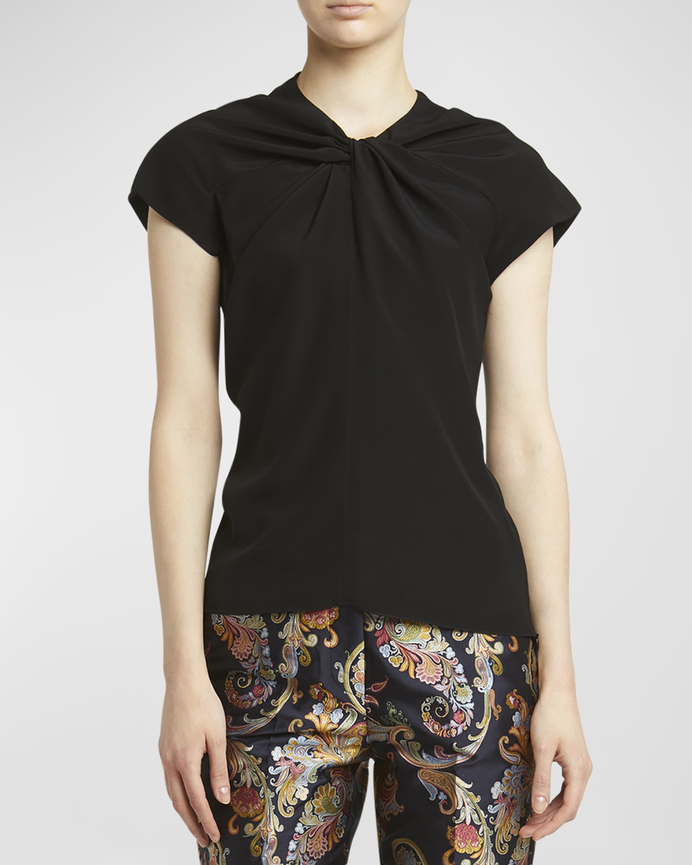 Cap-Sleeve Twisted Neck Silk Top - 2