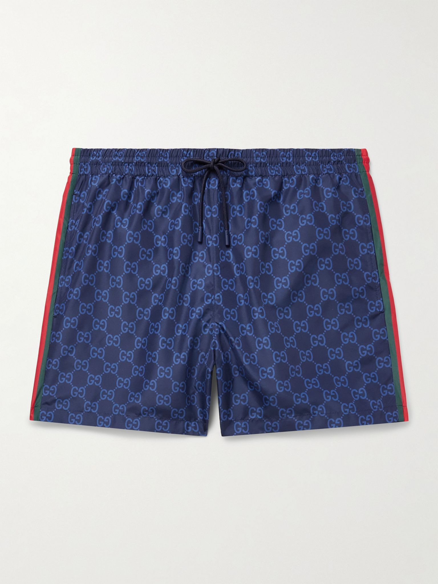 Slim-Fit Mid-Length Logo-Print Striped Swim Shorts Navy - 1