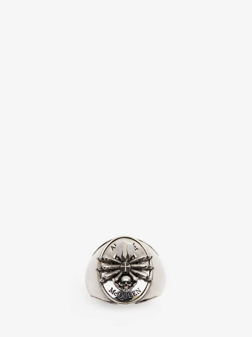 Men's Spider Skull Signet Ring in Antique Silver - 1