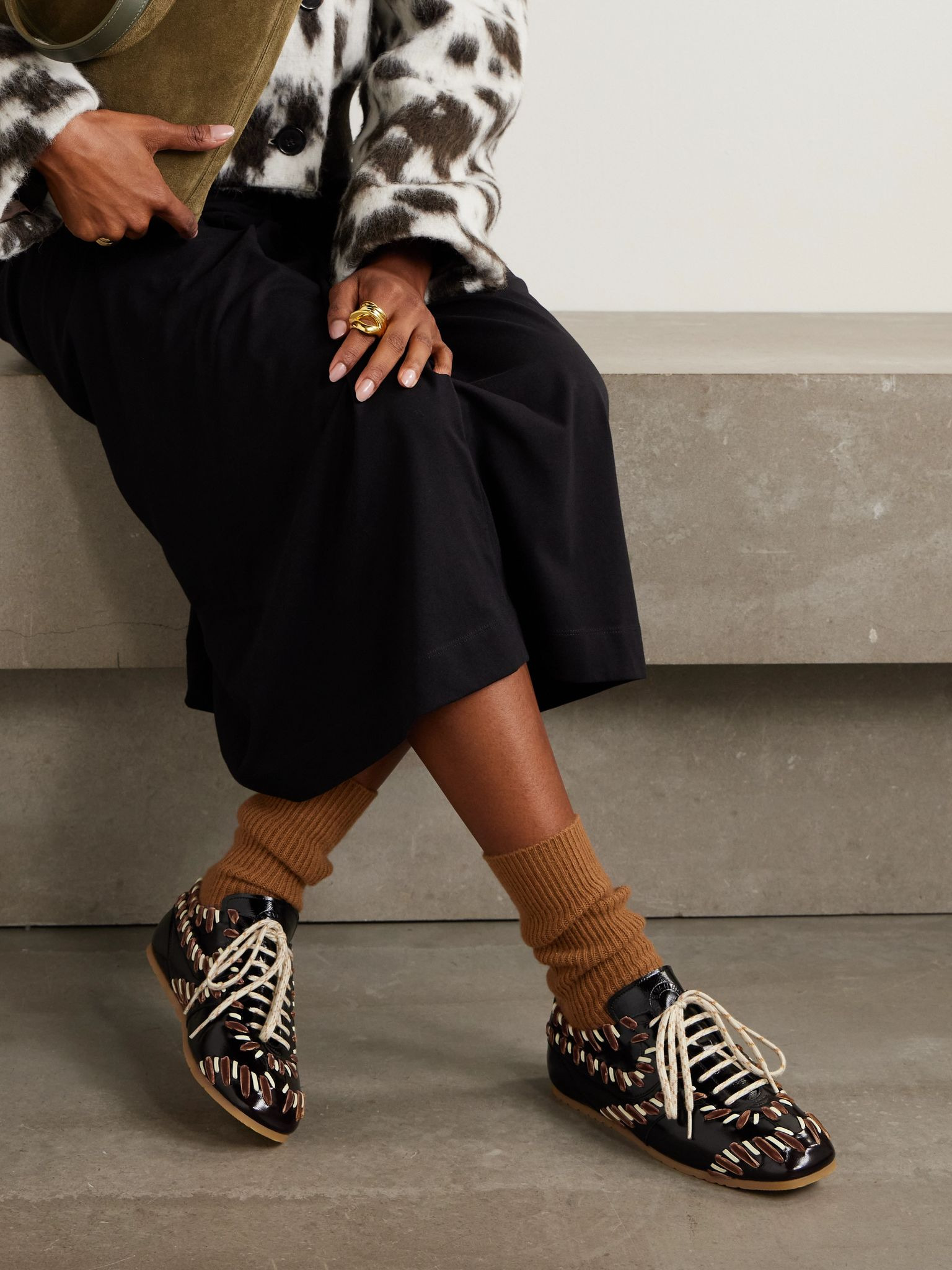 Cord and velvet-trimmed glossed-leather sneakers Dark brown - 2