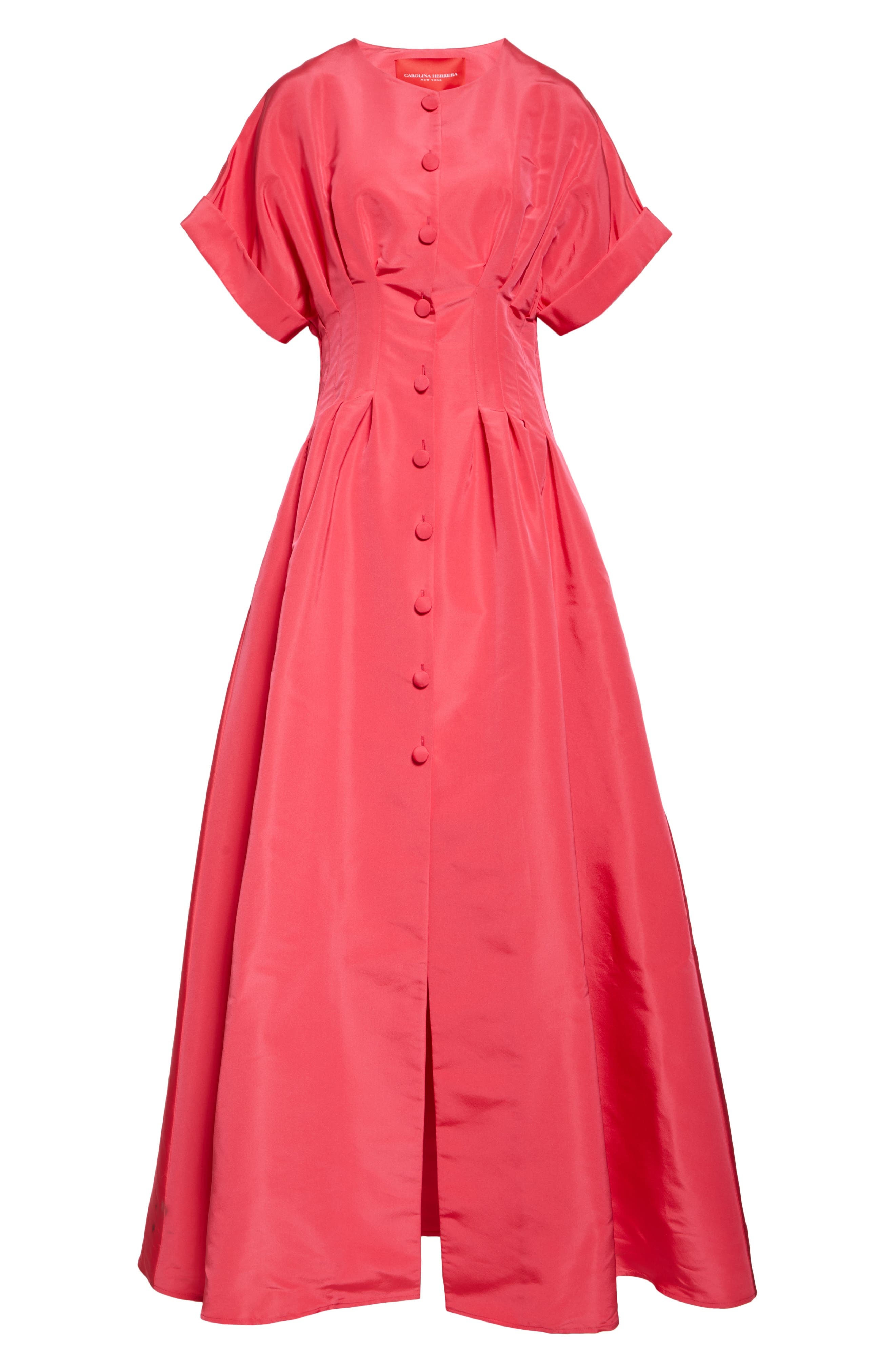 Carolina Herrera Cuffed Short Sleeve Button Front Silk Faille Gown in Azalea at Nordstrom - 5