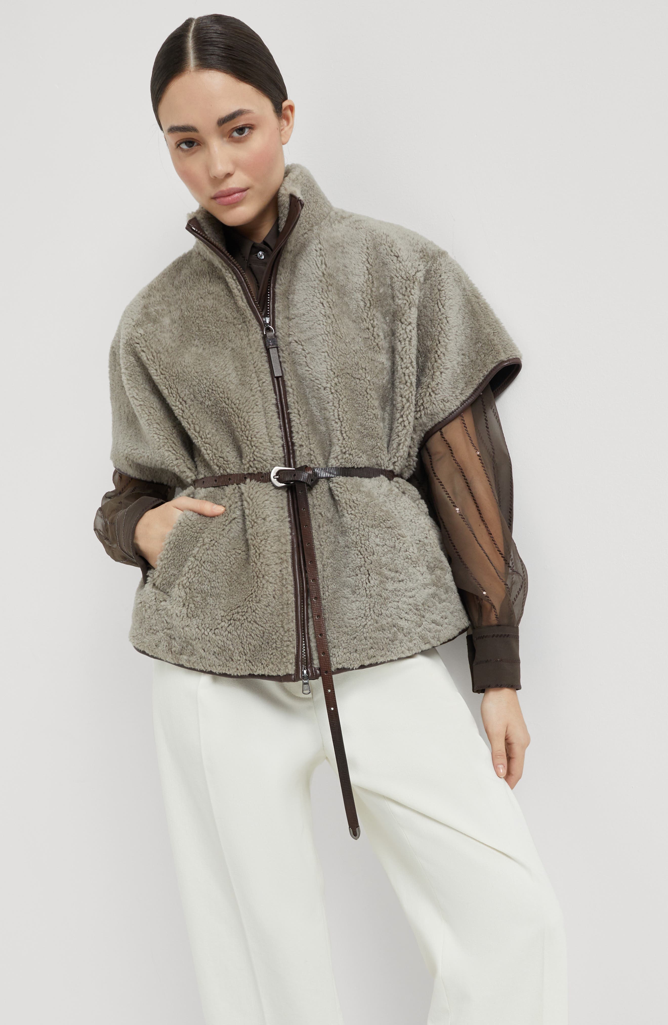 Brunello Cucinelli Curly shearling outerwear jacket in Grey at Nordstrom - 5