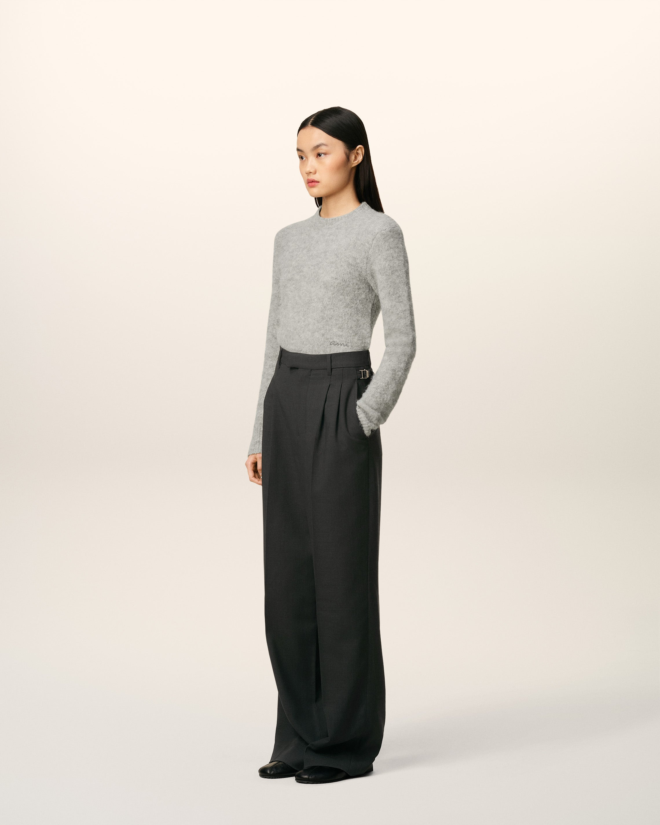 BLACK WOOL HIGH WAIST WIDE TROUSERS - 6