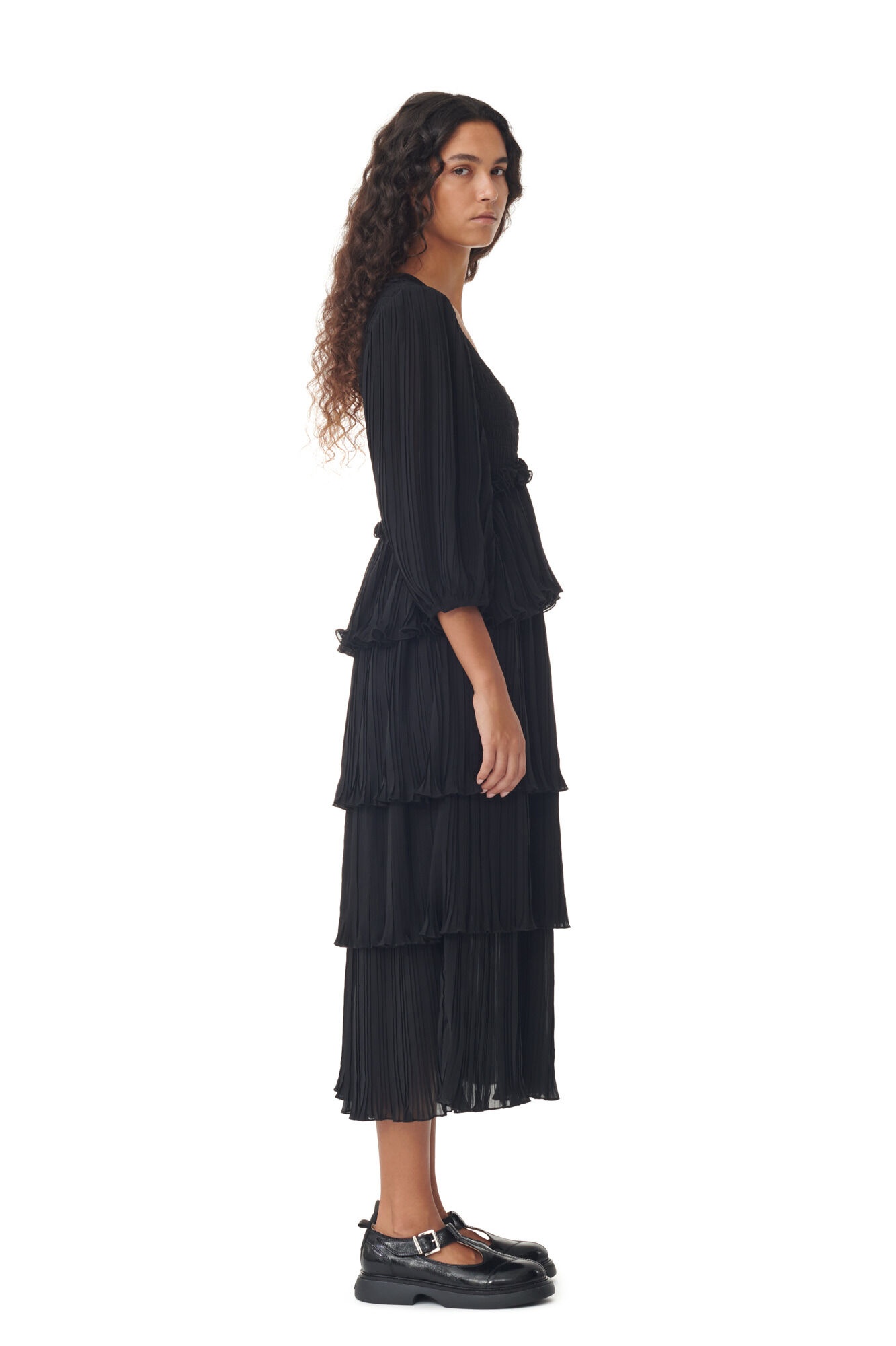 BLACK PLEATED GEORGETTE FLOUNCE SMOCK MIDI DRESS - 5